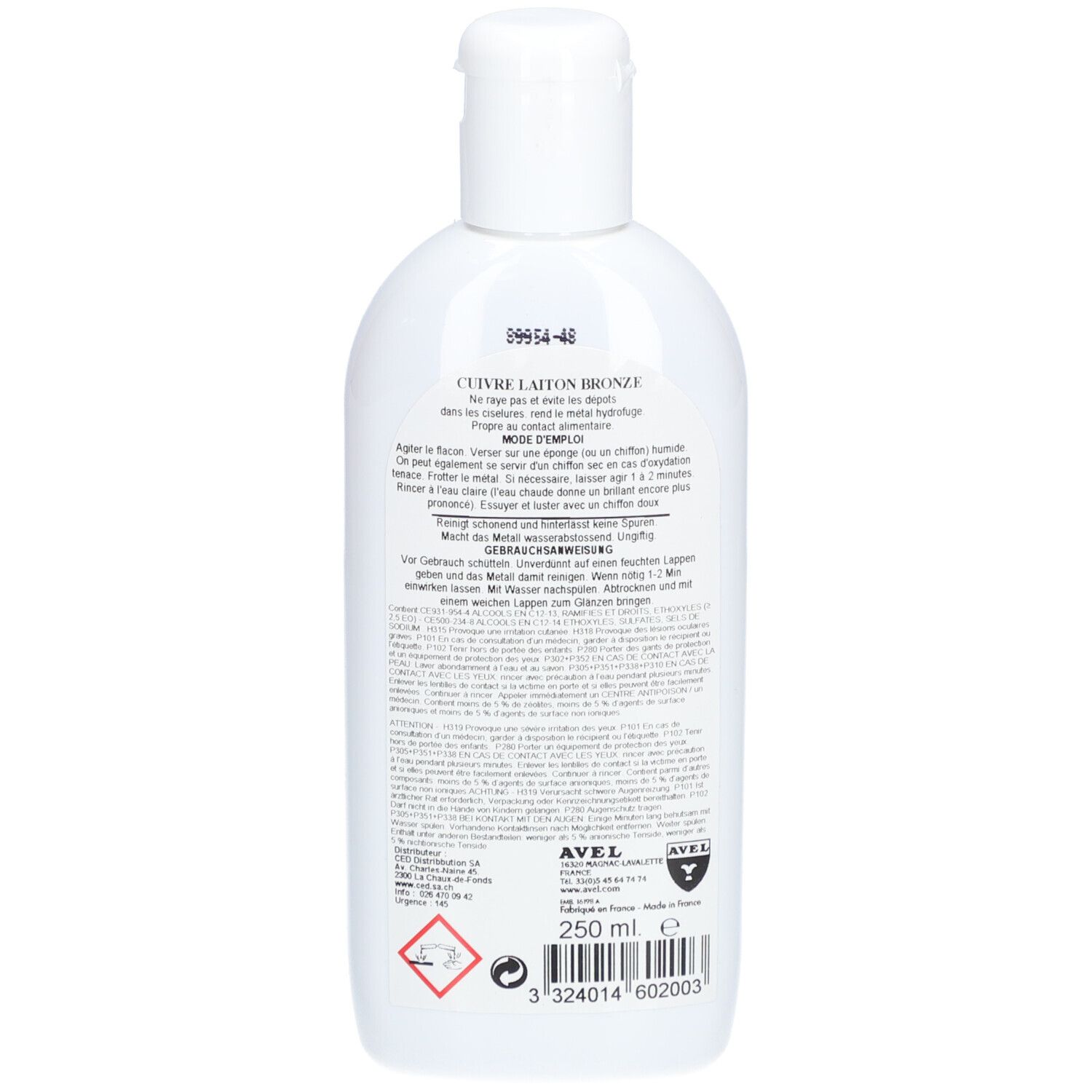 Rückseite der weißen Flasche. Text und Anweisungen. AVEL-Logo und 250 ml. Gefahrensymbol.