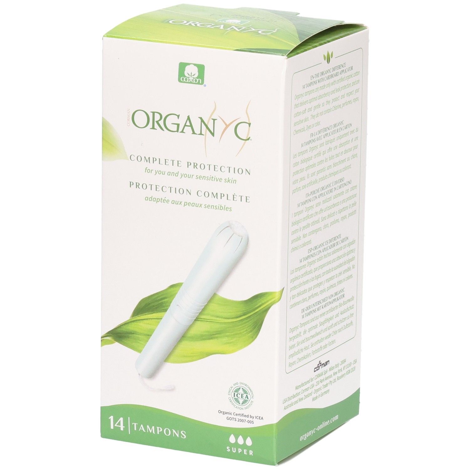 Schachtel mit Tampons. Marke ORGANYC, 14 Stück, mit Applikator. Aufdruck: Complete Protection. Bio-Zertifizierung.