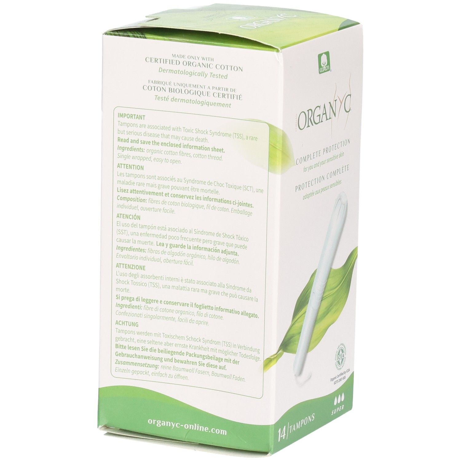 Rückseite der Tampon-Schachtel. Text: Made with Certified Organic Cotton. Inhaltsstoffe, Warnhinweise. 14 Tampons.