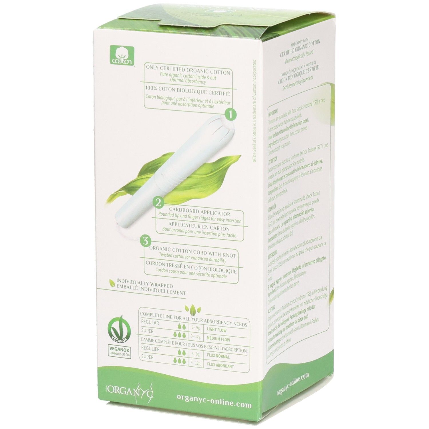 Tampon-Schachtel, Details. 1: Bio-Baumwolle. 2: Karton-Applikator. 3: Baumwollkordel. Angaben zur Saugfähigkeit.