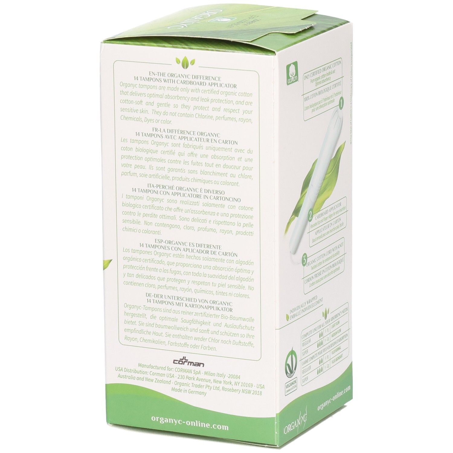 Tampon-Schachtel, Text. Informationen über ORGANYC Tampons mit Applikator. Angaben zu Inhaltsstoffen und Zertifizierungen.