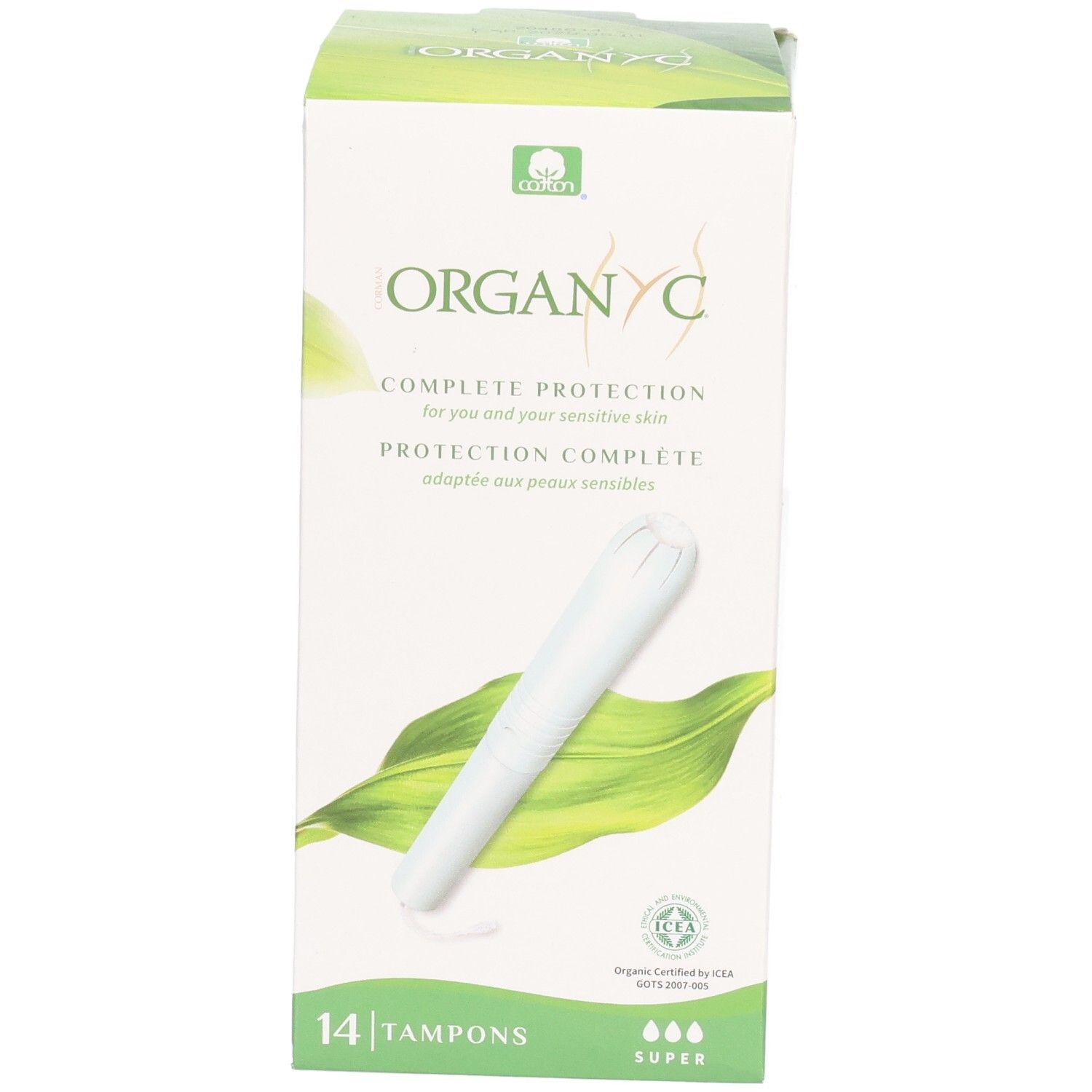ORGANYC Tampon-Schachtel, Ansicht. 14 Tampons, Super. Complete Protection. Für empfindliche Haut. Bio-Zertifizierung.