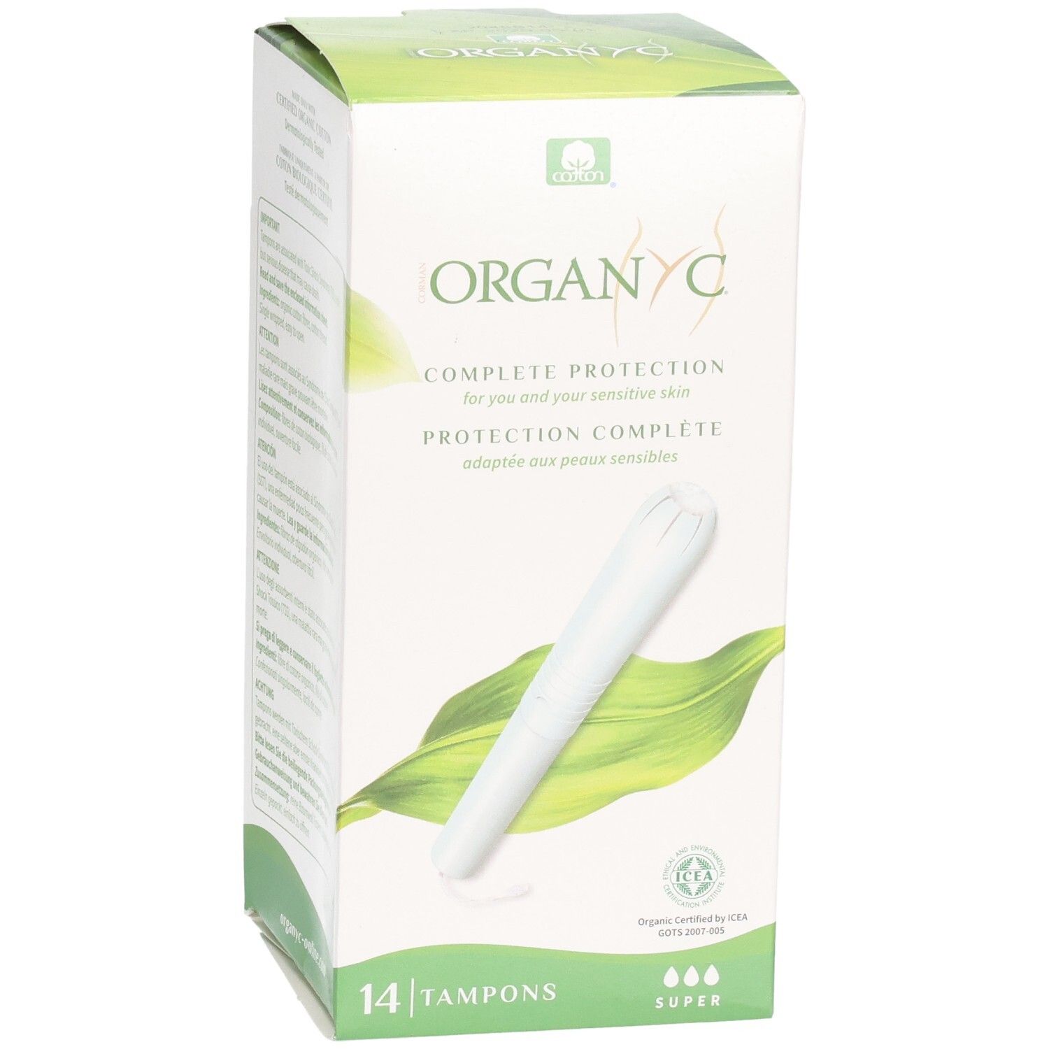 ORGANYC Tampon-Schachtel, Ansicht. 14 Tampons, Super. Complete Protection. Für empfindliche Haut. Bio-Zertifizierung.