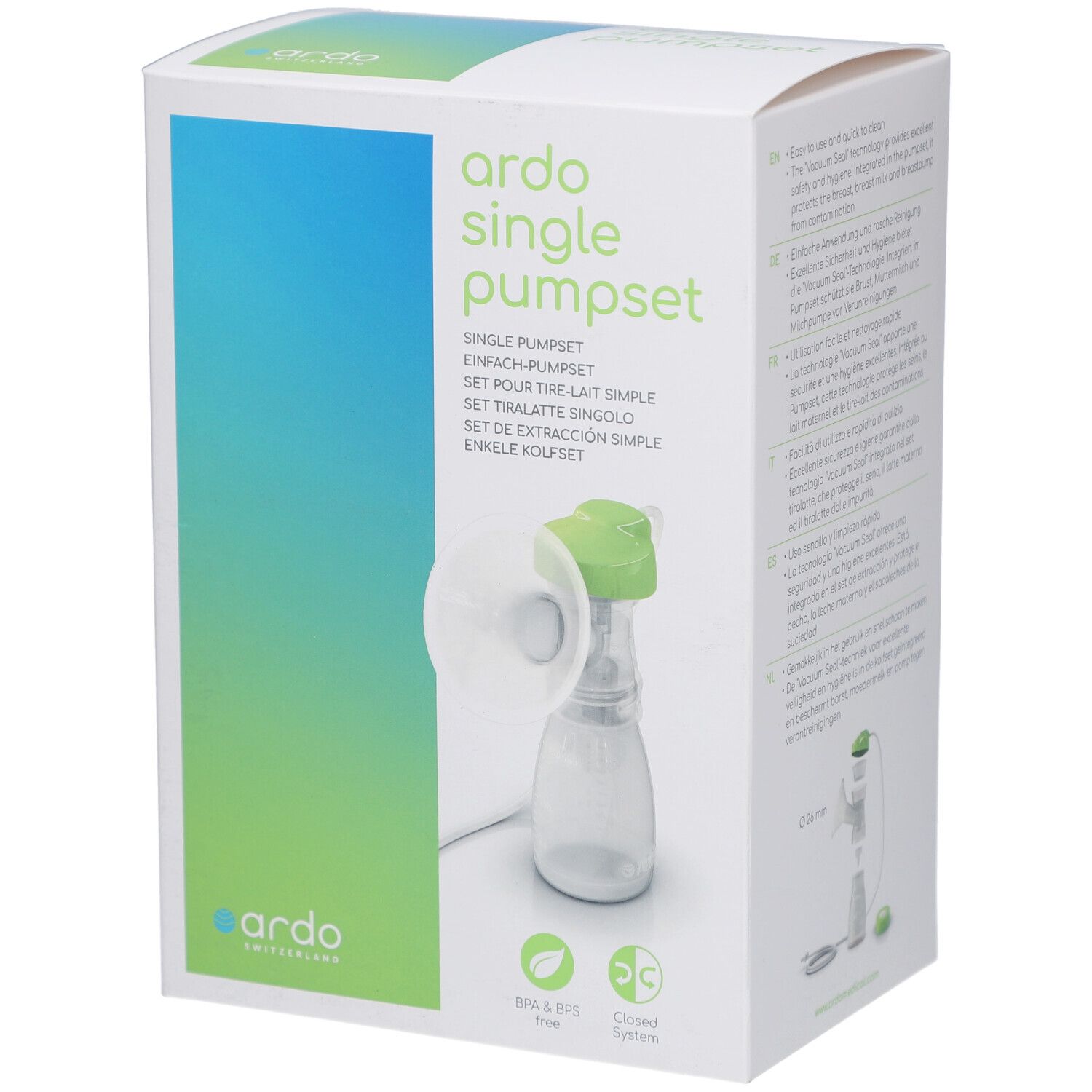 Verpackung mit Produktabbildung. Aufschrift: ardo single pumpset. Grün-weiße Farbgebung. BPA & BPS frei.