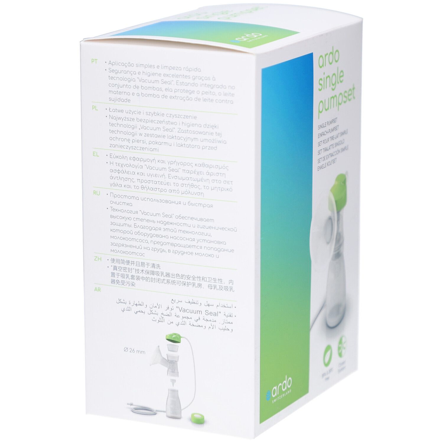 Rückseite der Verpackung. Text in verschiedenen Sprachen. Abbildung des Produkts. Grün-weiße Farbgebung.