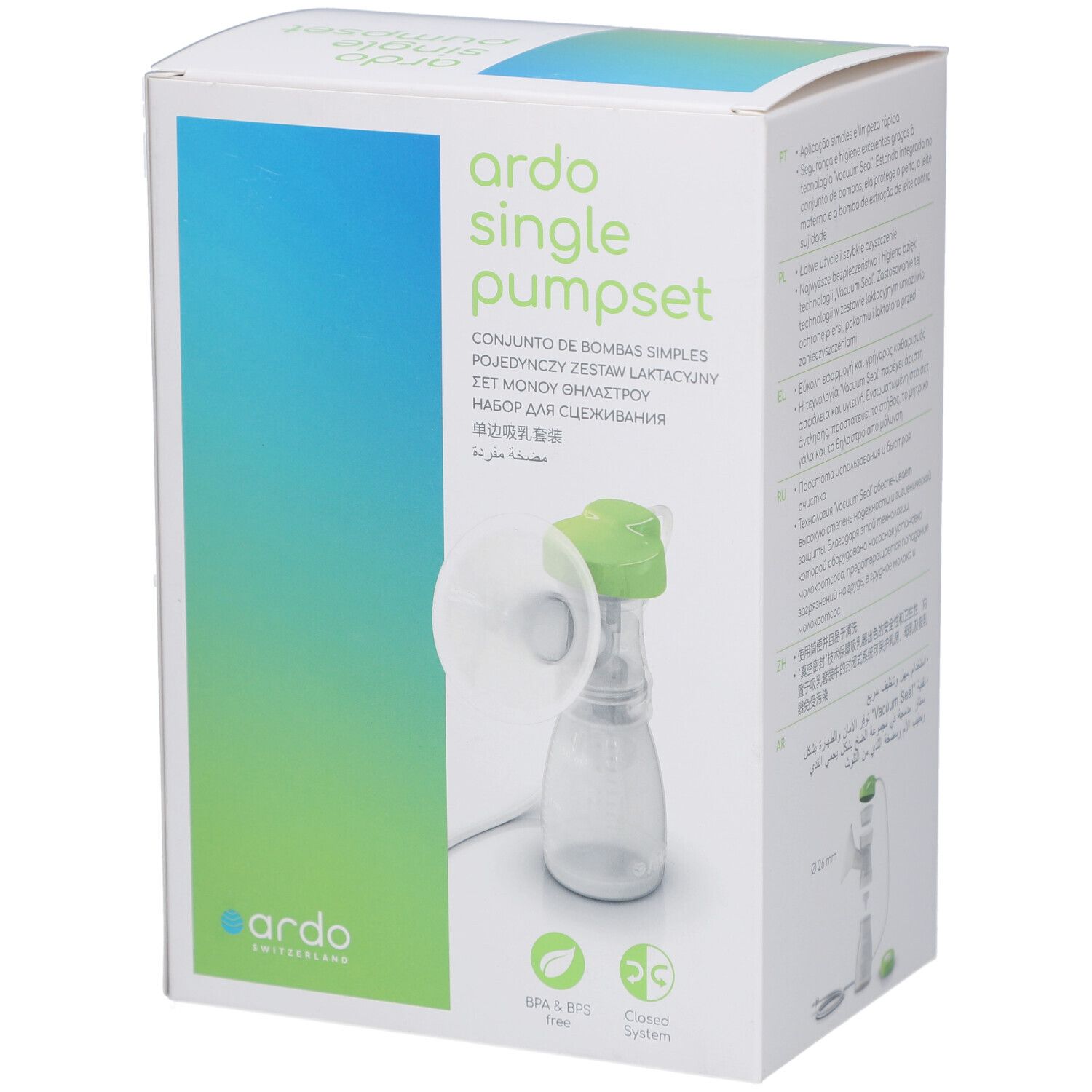 Verpackung mit Produktabbildung. Aufschrift: ardo single pumpset. Grün-weiße Farbgebung. Mehrsprachiger Text.