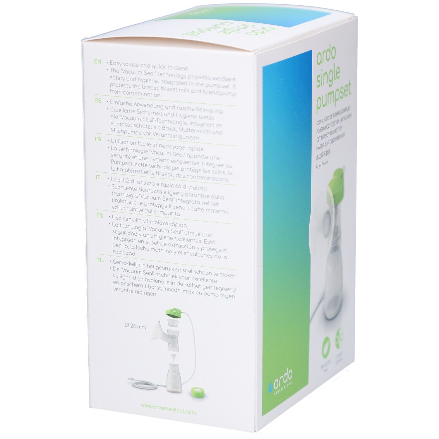 Rückseite der Verpackung. Text in verschiedenen Sprachen. Abbildung des Produkts. Grün-weiße Farbgebung.