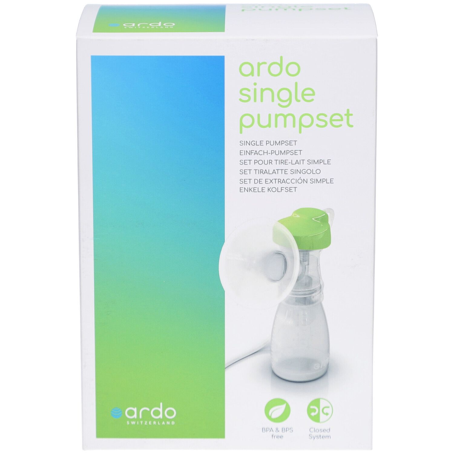 Verpackung mit Produktabbildung. Aufschrift: ardo single pumpset. Grün-weiße Farbgebung. BPA & BPS frei.