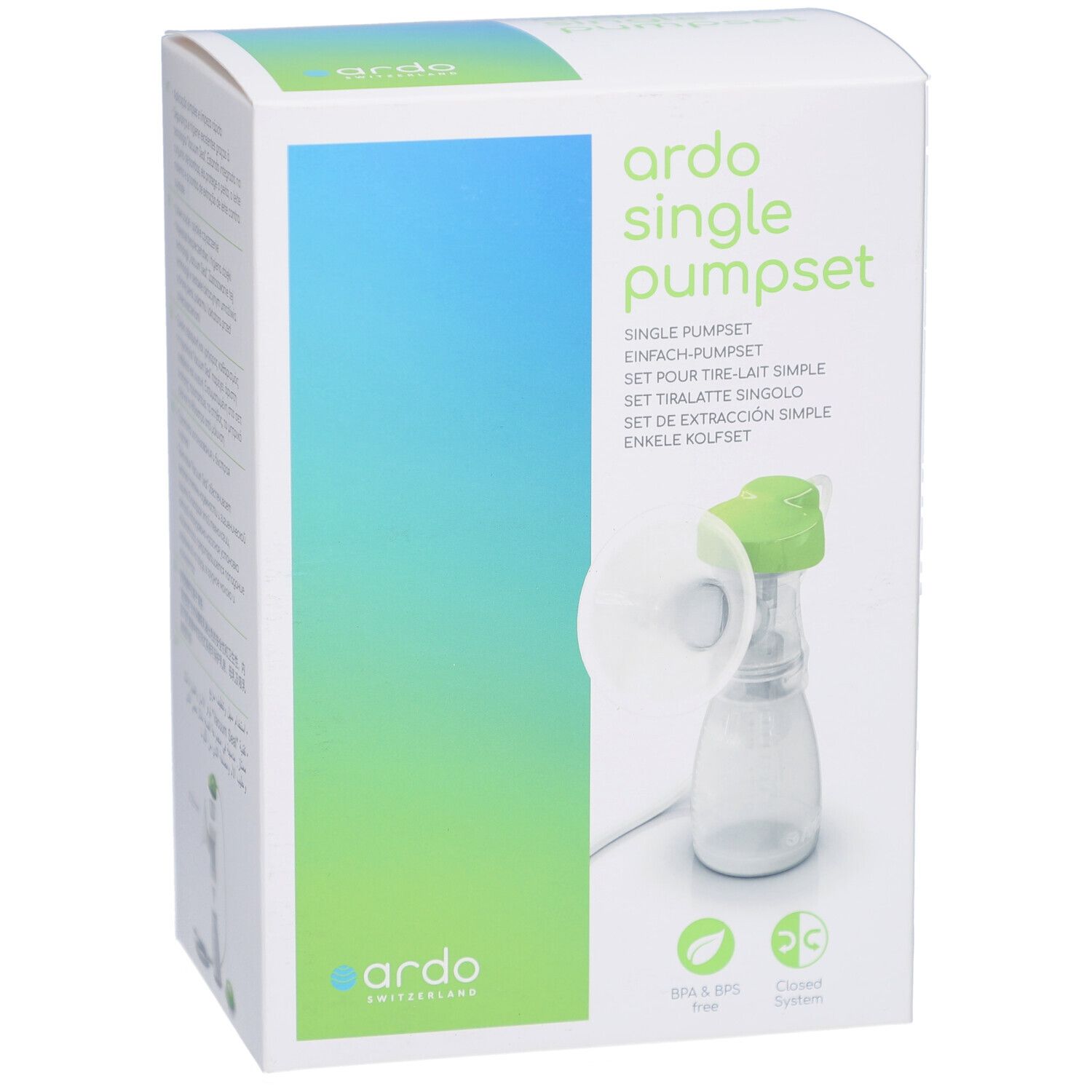 Verpackung mit Produktabbildung. Aufschrift: ardo single pumpset. Grün-blaue Farbgebung. BPA & BPS frei.