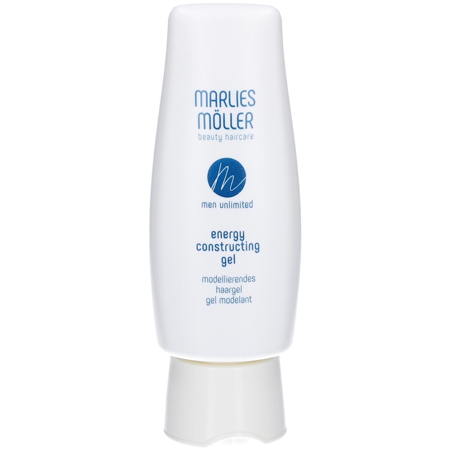 Flacon de gel capillaire blanc. Marque Marlies Möller. Texte: energy constructing gel. Sur fond blanc.