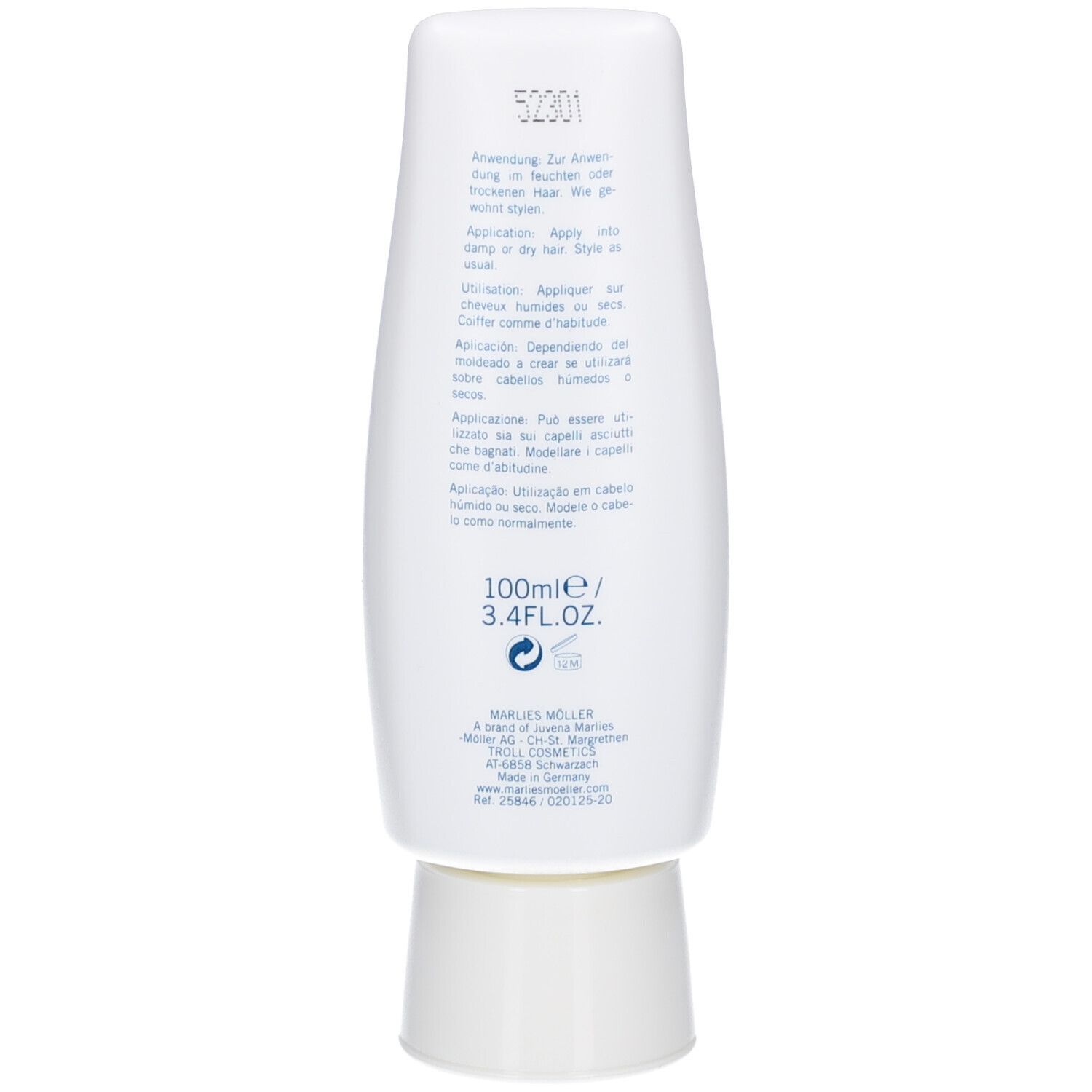 Dos du flacon de gel capillaire blanc. Texte: Utilisation, ingrédients, 100ml/3.4FL.OZ.