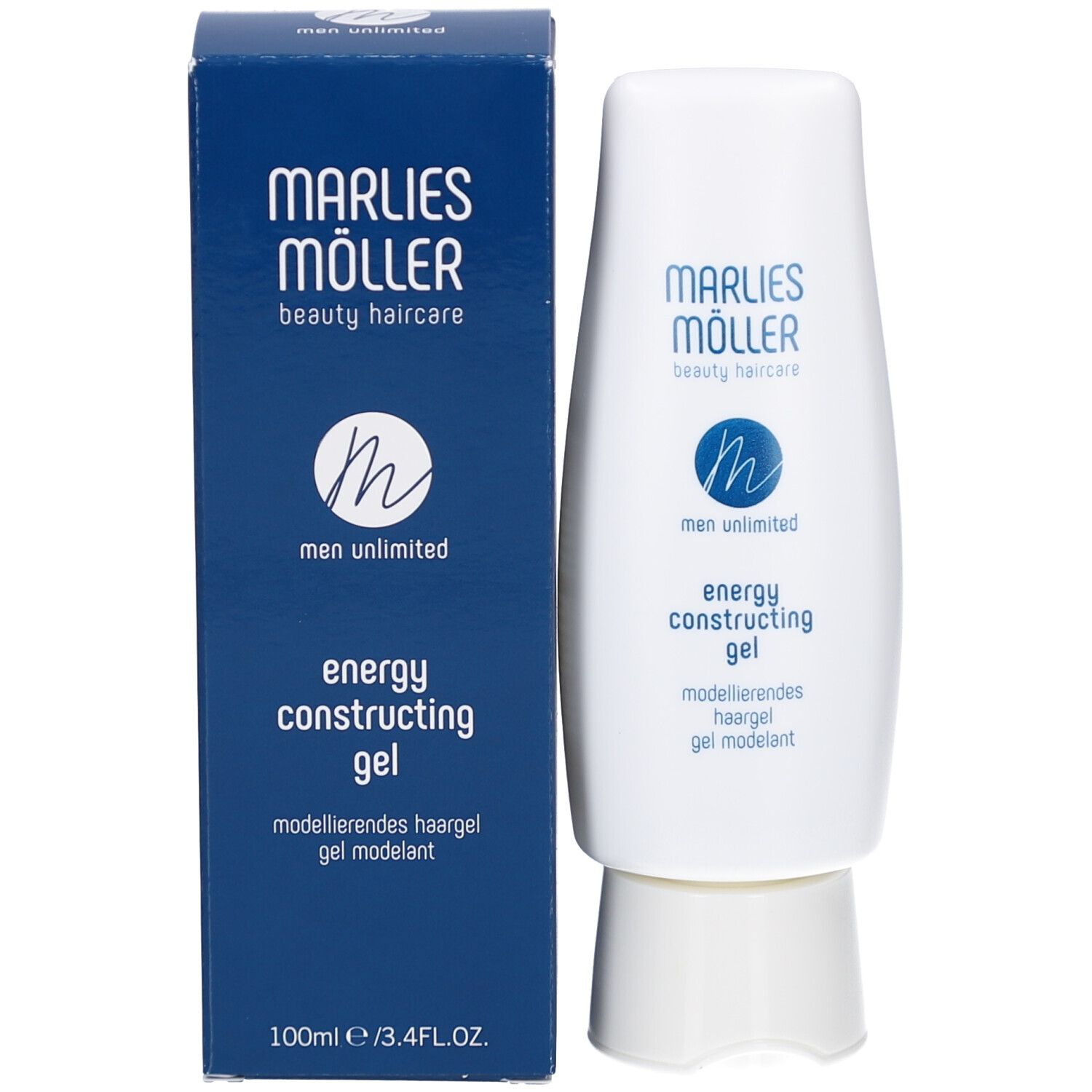 Flacon de gel capillaire et boîte. Marque Marlies Möller. Texte: energy constructing gel, 100ml.
