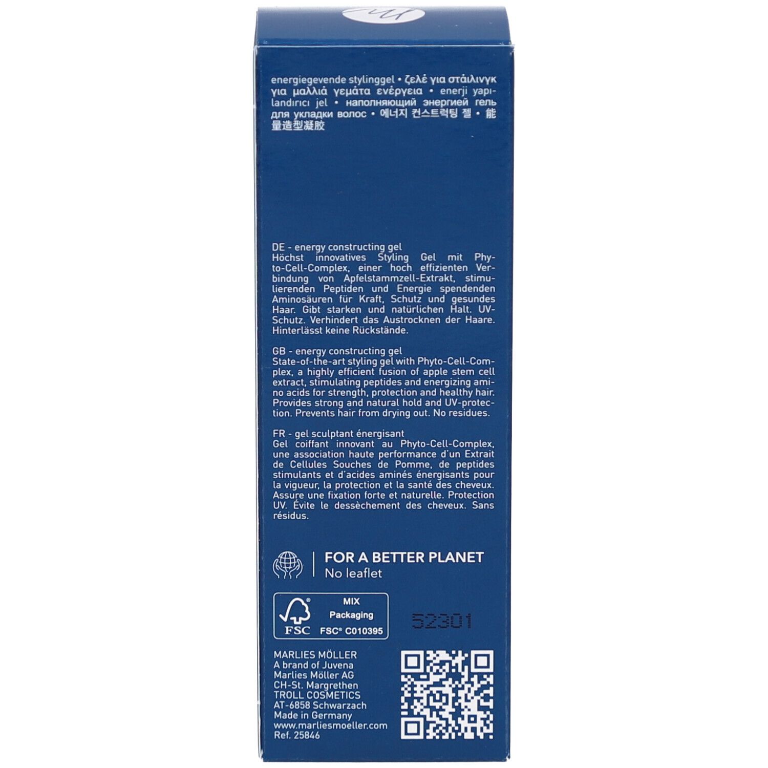 Dos de la boîte bleue. Texte: Ingrédients, utilisation, certifications.