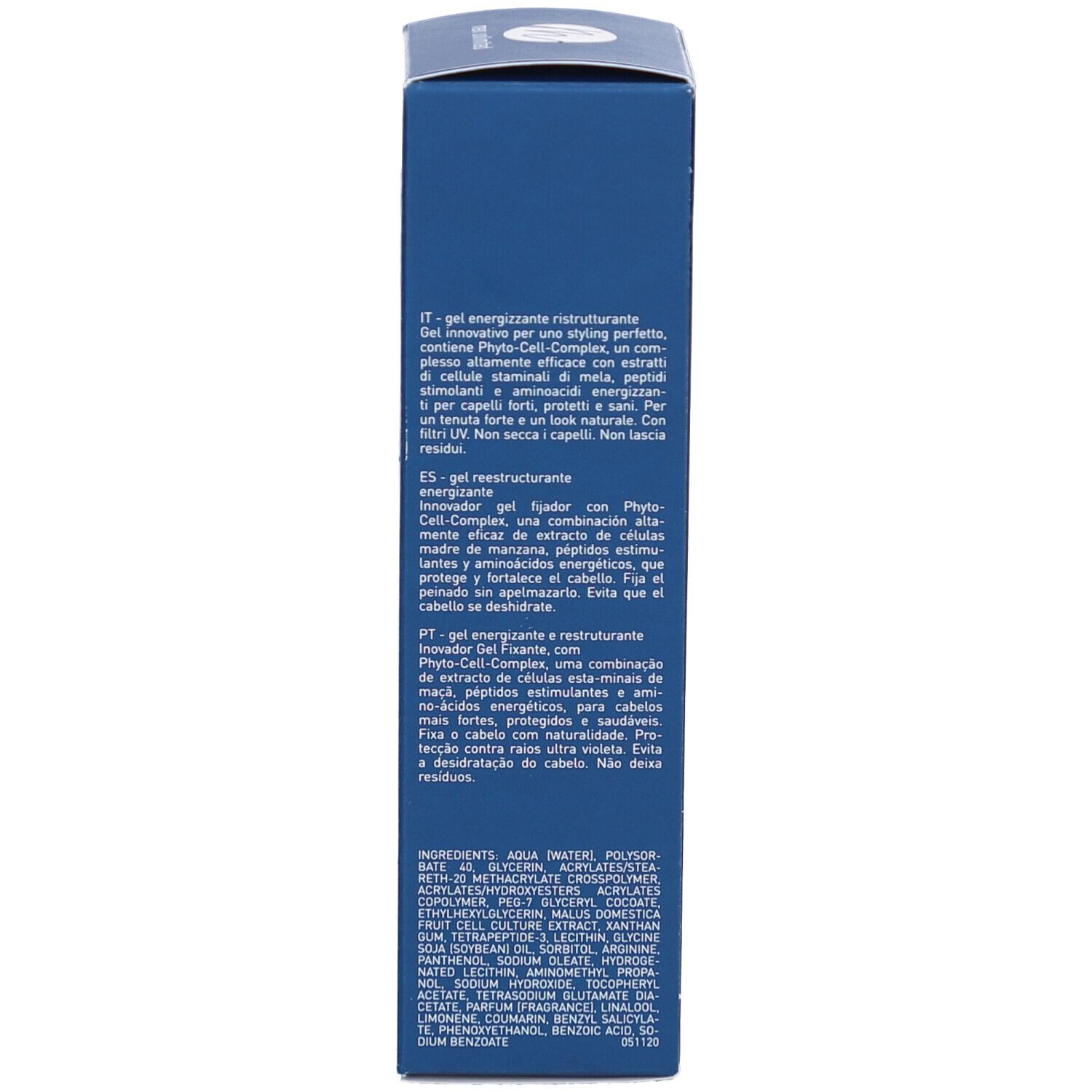 Dos de la boîte bleue. Texte: Ingrédients, utilisation, certifications.