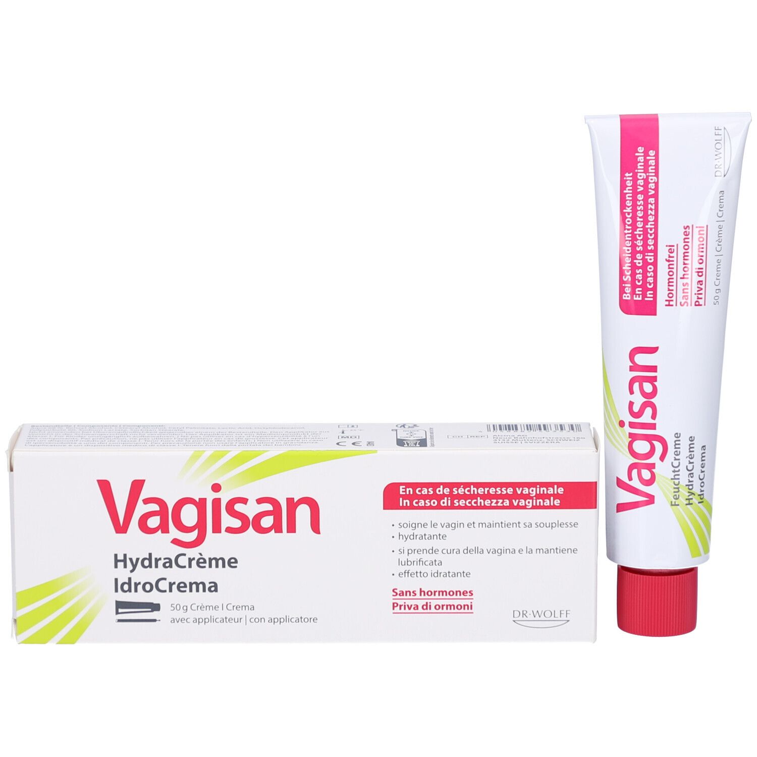 Produktverpackung und Tube. Verpackung: weiß, Aufschrift VAGISAN, HydraCrème, IdroCrema. Tube: weiß, roter Verschluss, Aufschrift VAGISAN.