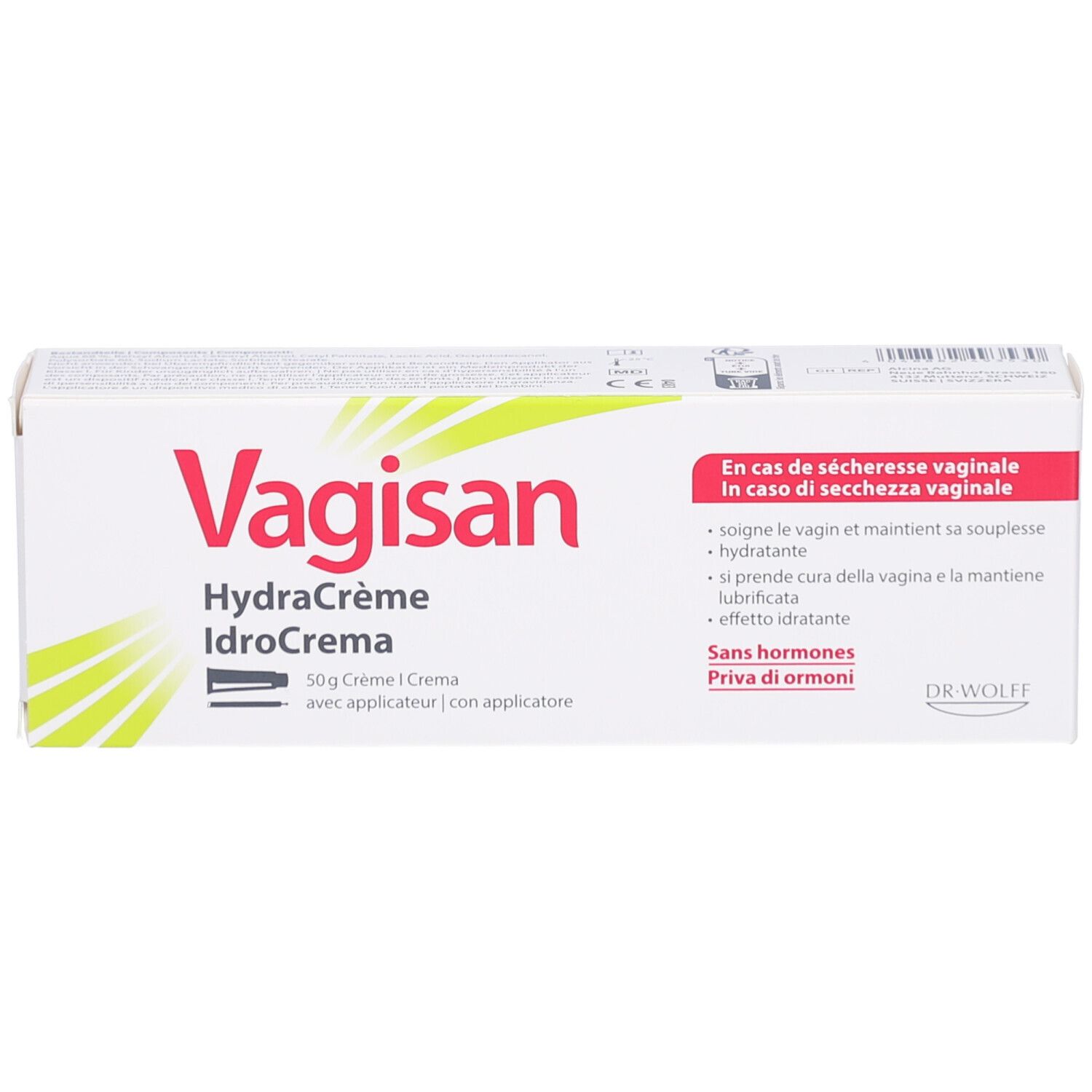 Weiße Produktverpackung. Aufschrift: VAGISAN, HydraCrème, IdroCrema. Text in Deutsch, Französisch, Italienisch. Mit Applikator.