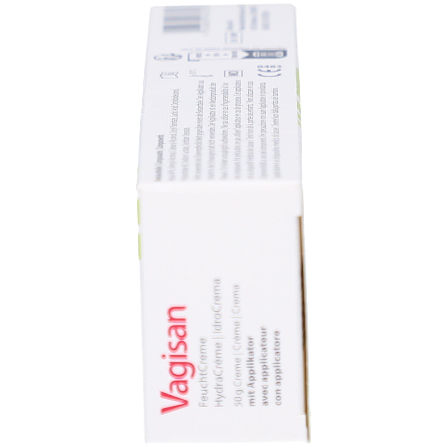 Seitenansicht der Produktverpackung. Aufschrift: VAGISAN, Feuchtcreme, HydraCrème, IdroCrema. Text in Deutsch, Französisch, Italienisch.