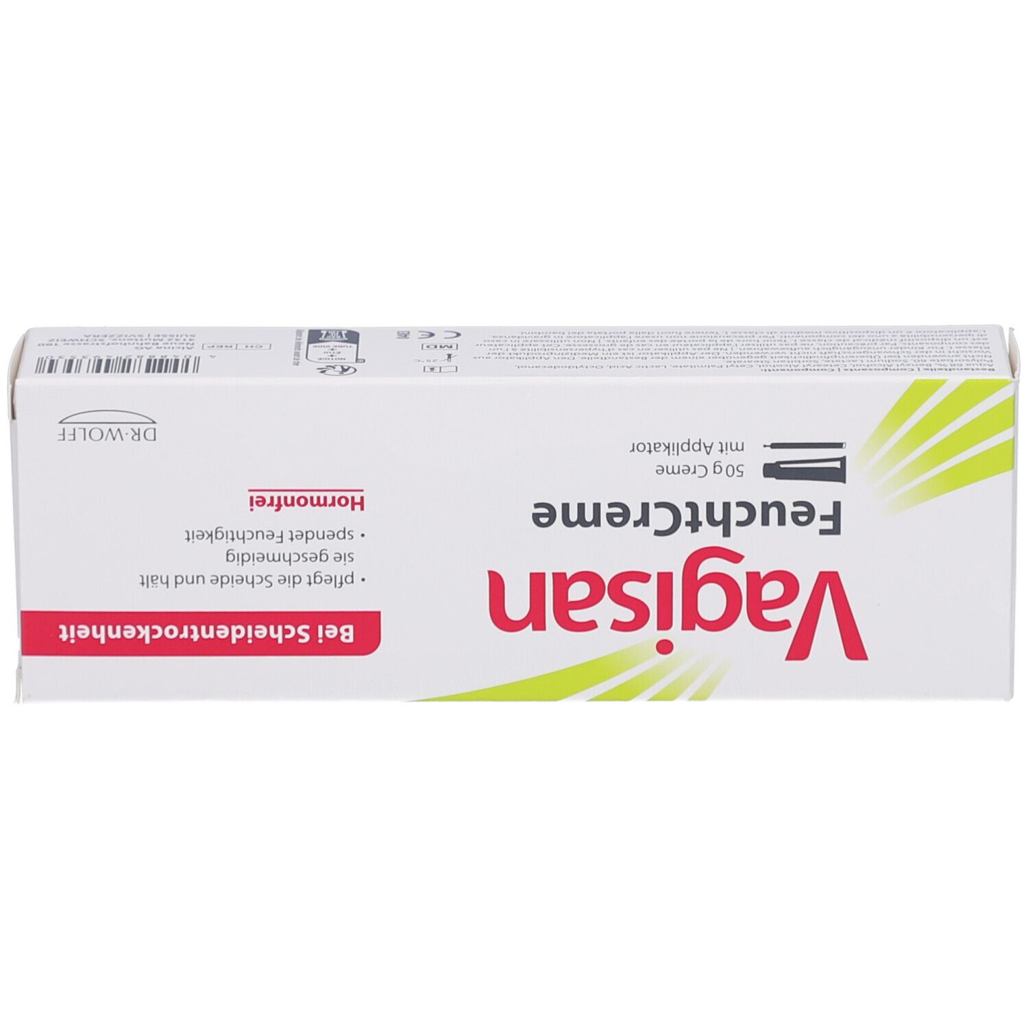 Produktverpackung. Aufschrift: VAGISAN, Feuchtcreme. Text in Deutsch. Mit Applikator. Hormonfrei.
