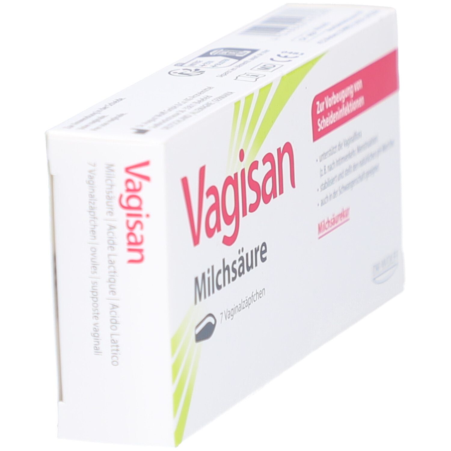 Schräg gestellte weiße Verpackung. Aufschrift: Vagisan Milchsäure, 7 Vaginalzäpfchen. Text zur Vorbeugung von Scheideninfektionen. Dr. Wolff Logo.