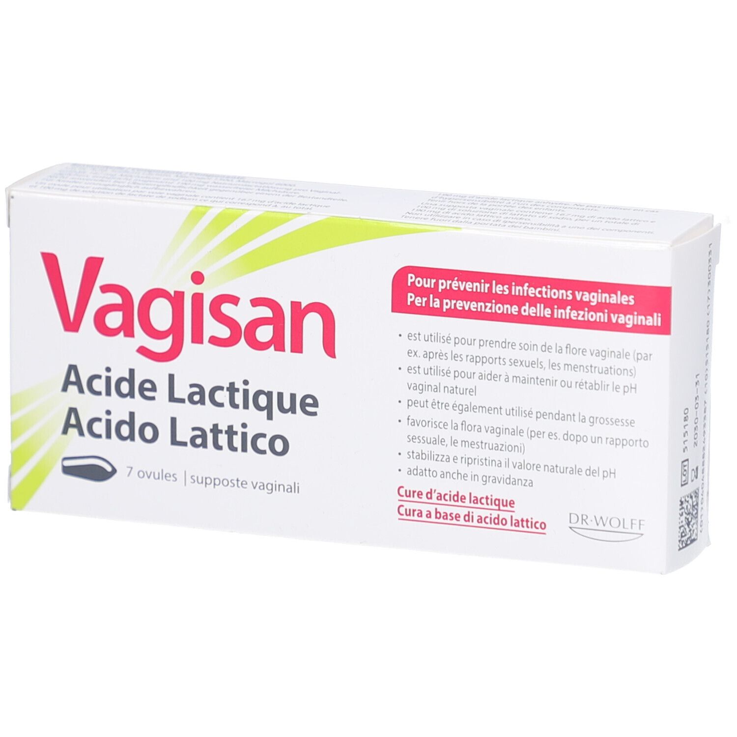 Weiße Verpackung mit roter und grüner Schrift. Aufschrift: Vagisan Acide Lactique, 7 ovules. Text zur Vorbeugung von Scheideninfektionen. Dr. Wolff Logo.