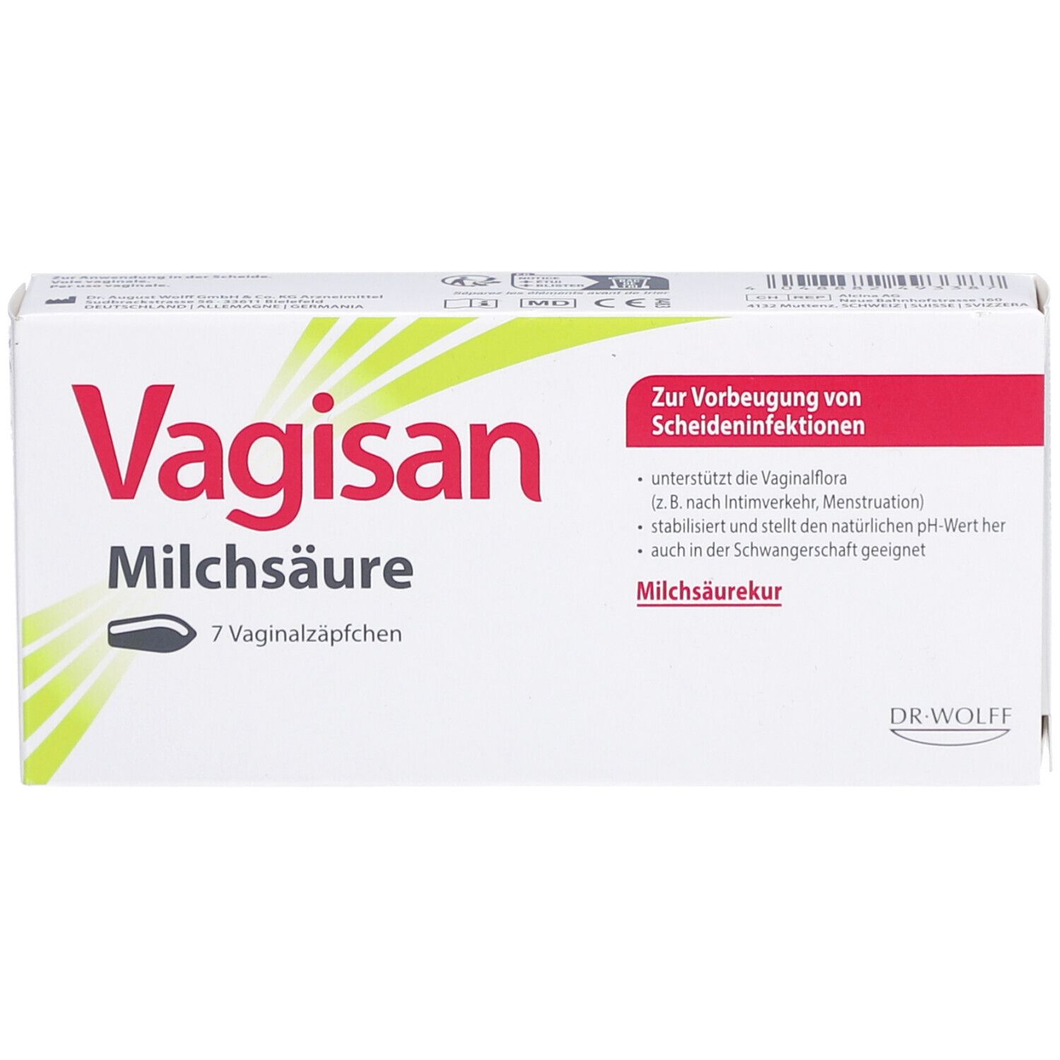 Weiße Verpackung mit roter und grüner Schrift. Aufschrift: Vagisan Milchsäure, 7 Vaginalzäpfchen. Text zur Vorbeugung von Scheideninfektionen. Dr. Wolff Logo.