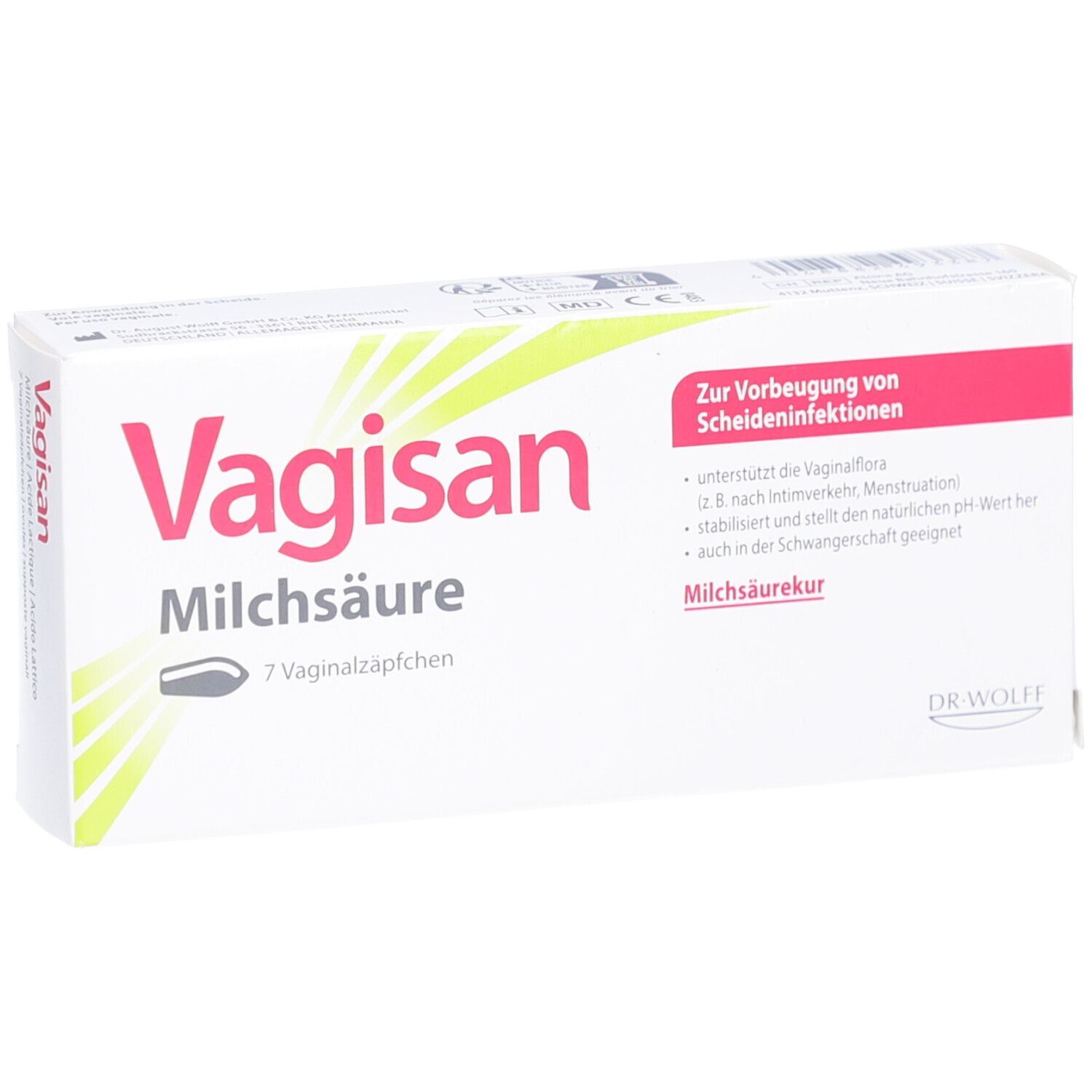 Weiße Verpackung mit roter und grüner Schrift. Aufschrift: Vagisan Milchsäure, 7 Vaginalzäpfchen. Text zur Vorbeugung von Scheideninfektionen. Dr. Wolff Logo.