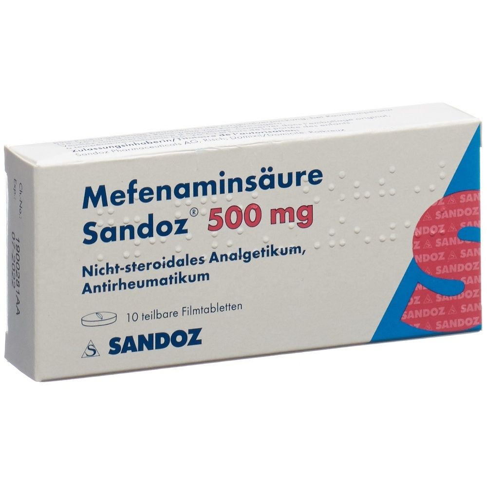 Kartonverpackung mit Produktbezeichnung und Dosierung. Aufschrift: Mefenaminsäure Sandoz 500 mg. Farbgebung: Weiß, Rot, Blau.
