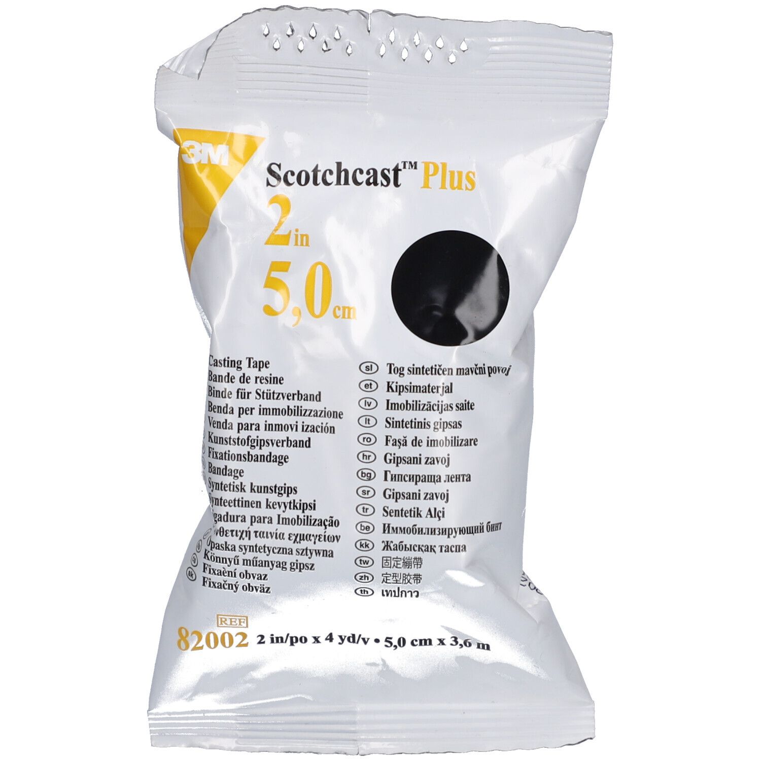 Verpackung mit schwarzem Scotchcast Plus Harzstreifen. 5,0 cm breit. Text: Scotchcast Plus, 2 in/5,0 cm.