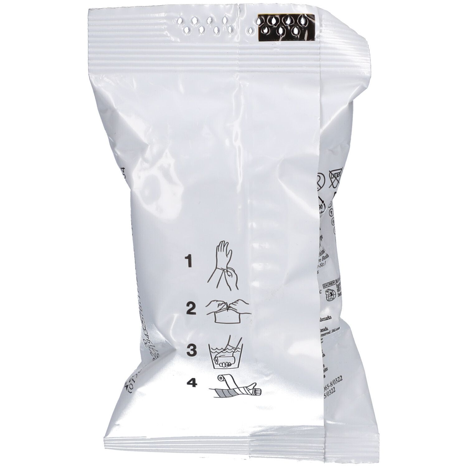 Rückseite der Verpackung. Illustrationen: Hände schützen, in Wasser tauchen, anwenden. Text und Symbole.