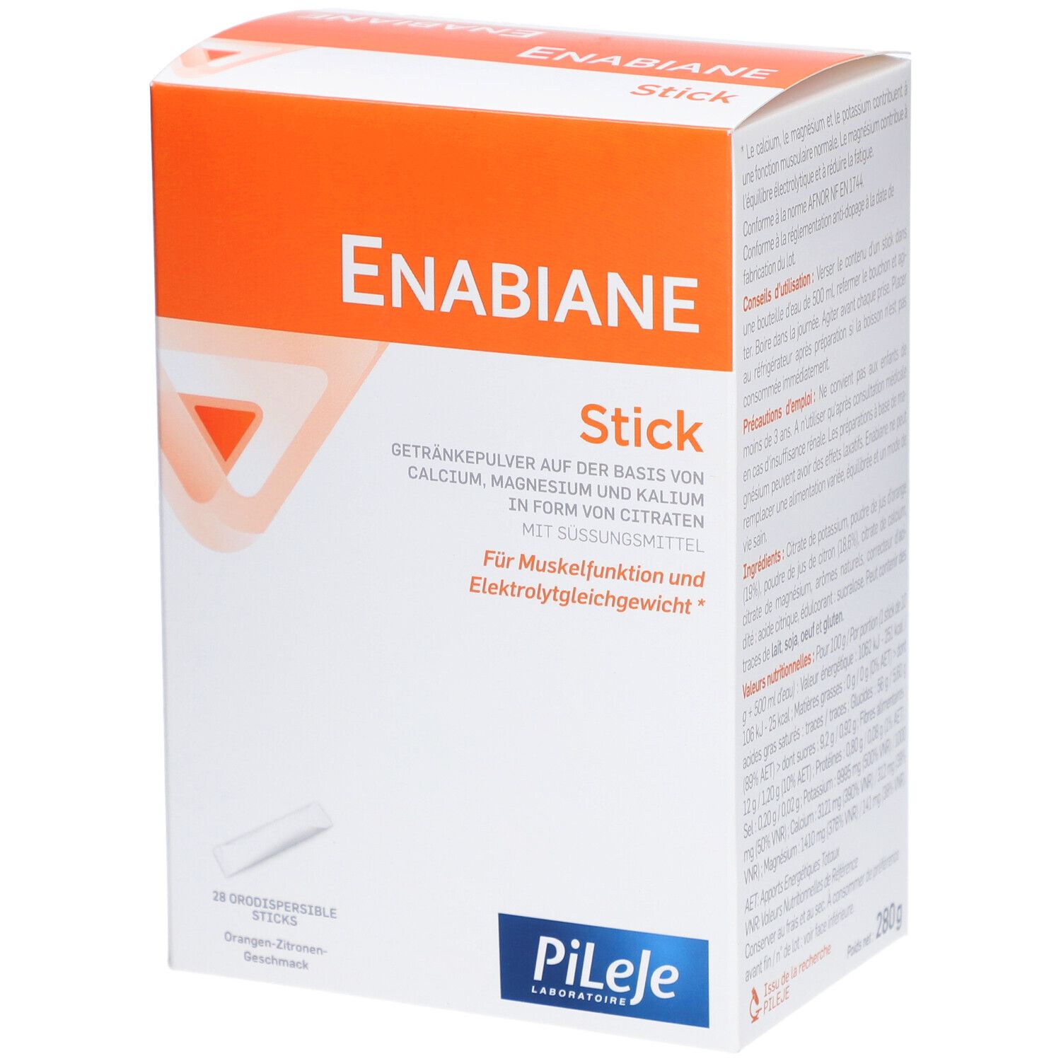 Boîte Enabiane Stick. Couvercle orange, carton blanc. Contient de la poudre pour boisson. Marque Pileje.