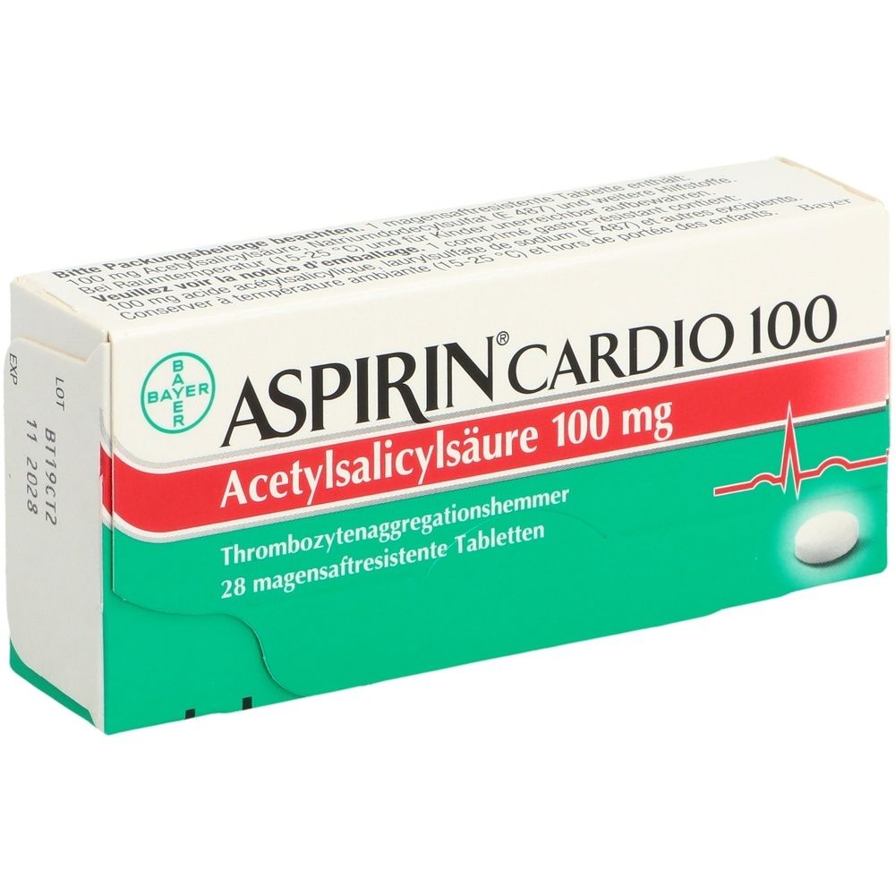 Schachtel mit ASPIRIN CARDIO 100. Enthält 28 magensaftresistente Tabletten. Bayer-Logo. Rote und grüne Akzente.