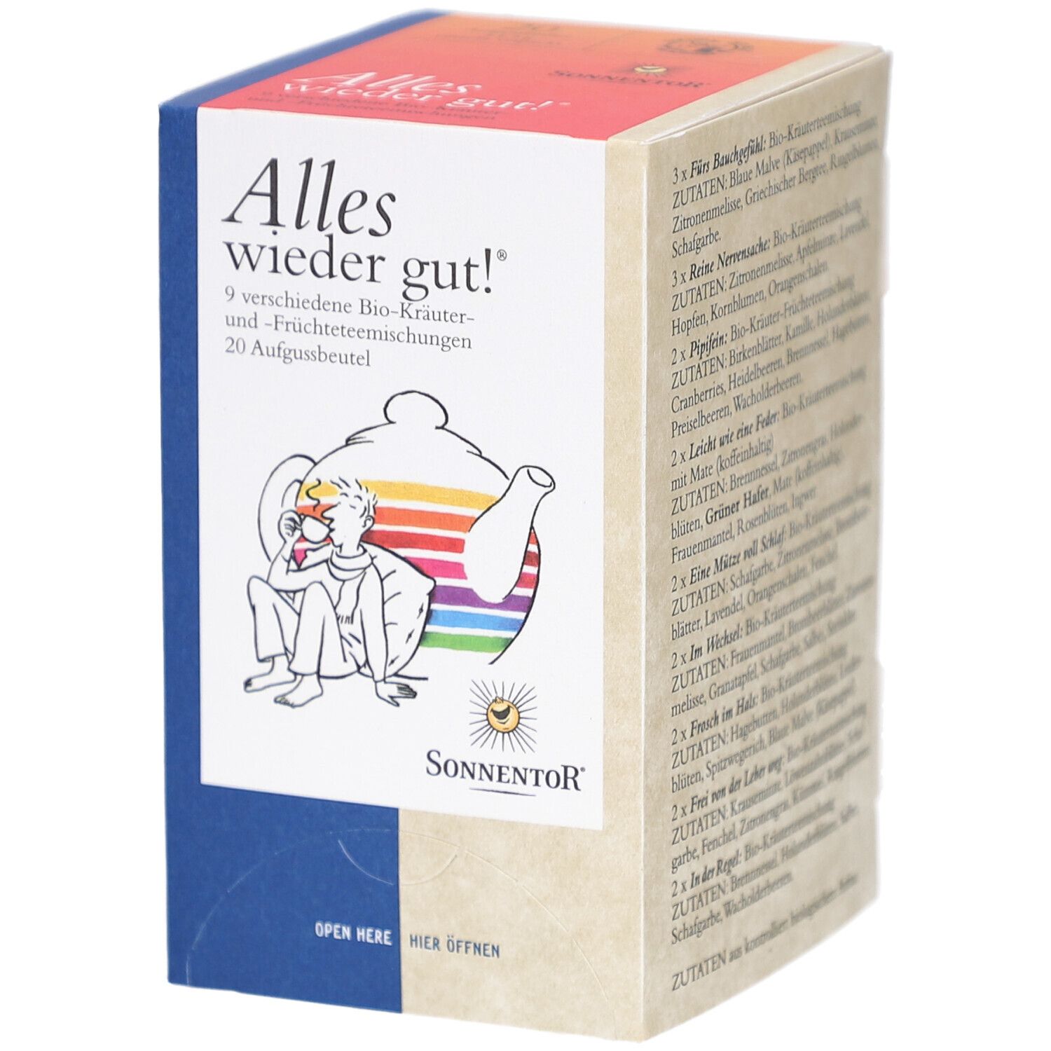 Boîte de sachets de thé. Inscription : Alles wieder gut ! 9 mélanges de plantes et de fruits. Logo SonnentoR. Label bio.