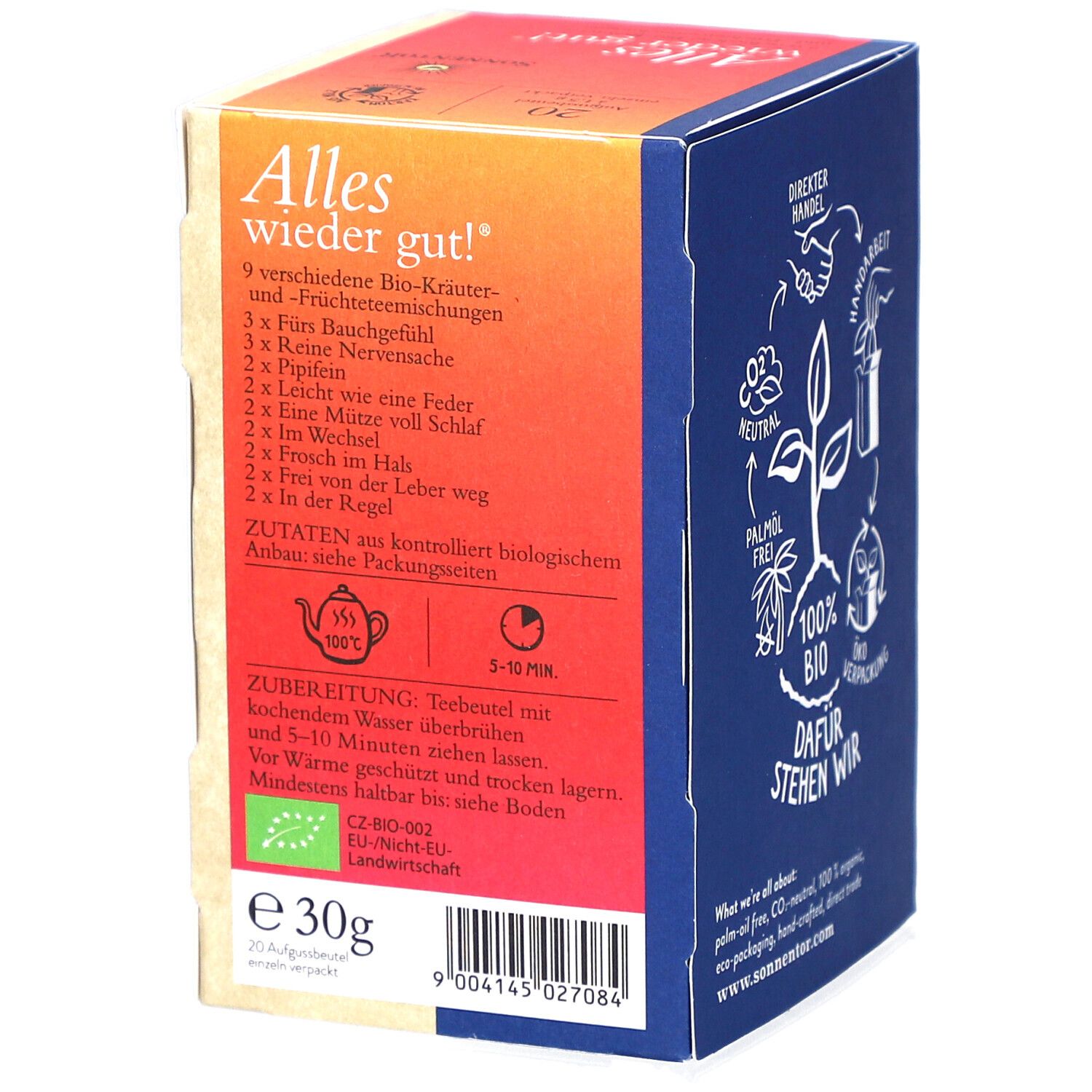 Côté de la boîte de thé avec liste des ingrédients et instructions de préparation. Label bio. Texte en allemand. Poids : 30g.