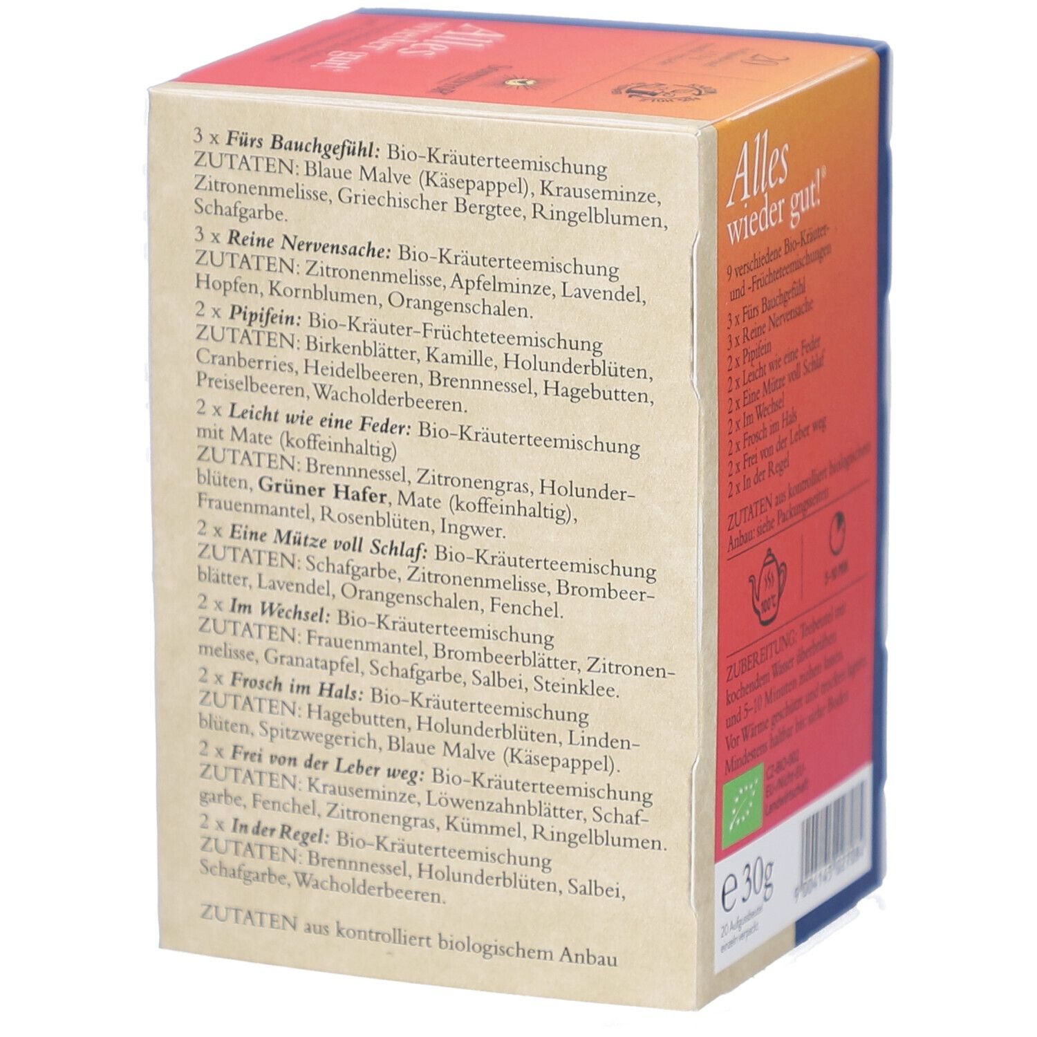 Côté de la boîte de thé avec listes d'ingrédients pour différents mélanges. Label bio. Texte en allemand. Poids : 30g.