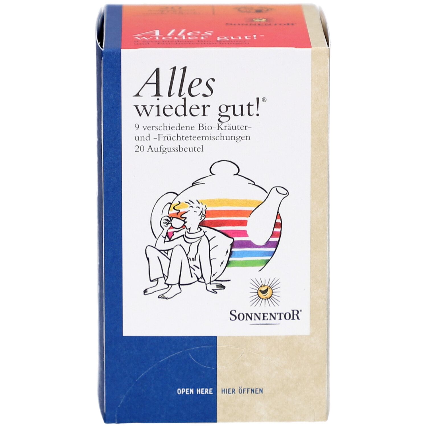 Face avant de la boîte de thé. Inscription : Alles wieder gut ! 9 mélanges de plantes et de fruits. Logo SonnentoR. Label bio.