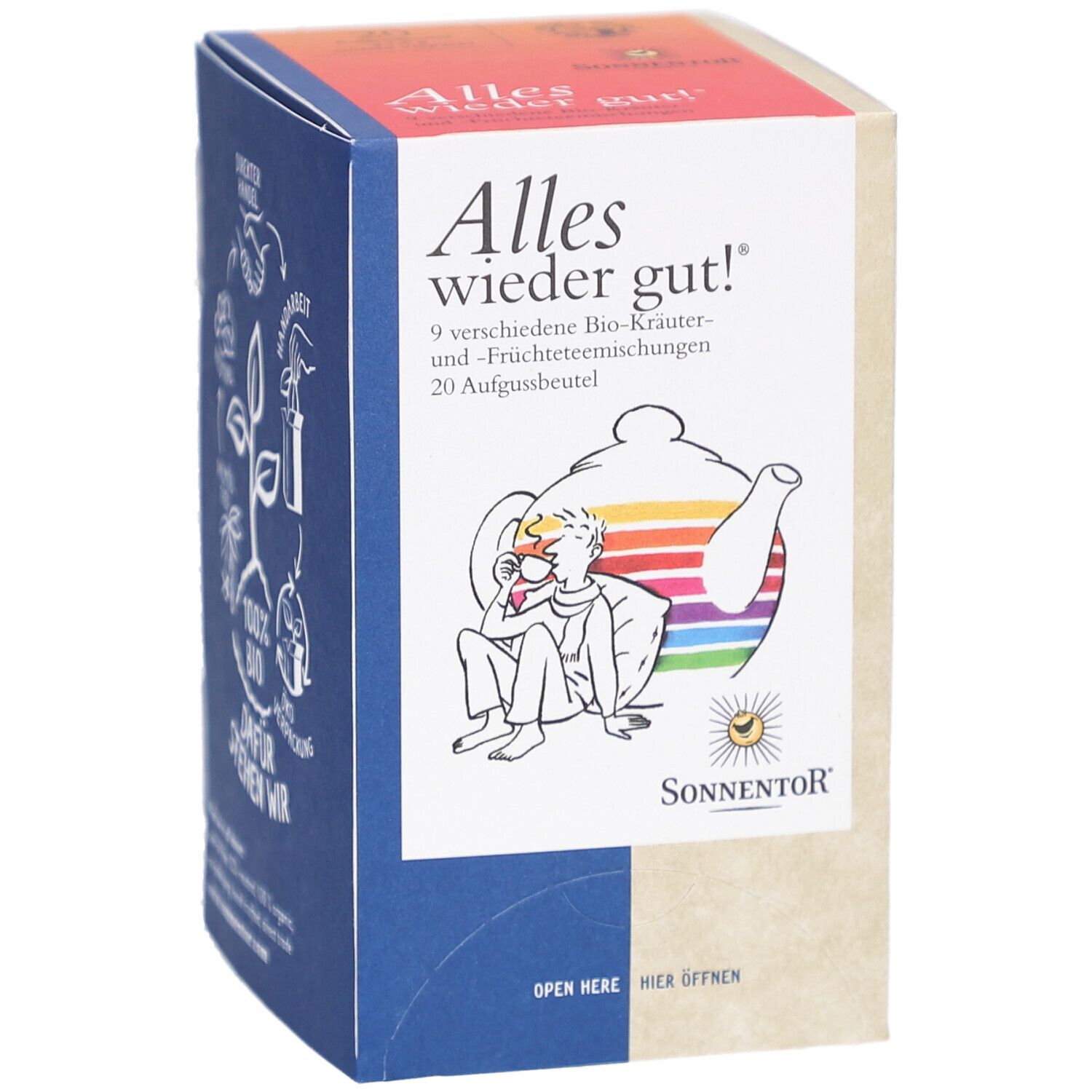 Face avant de la boîte de thé. Inscription : Alles wieder gut ! 9 mélanges de plantes et de fruits. Logo SonnentoR. Label bio.