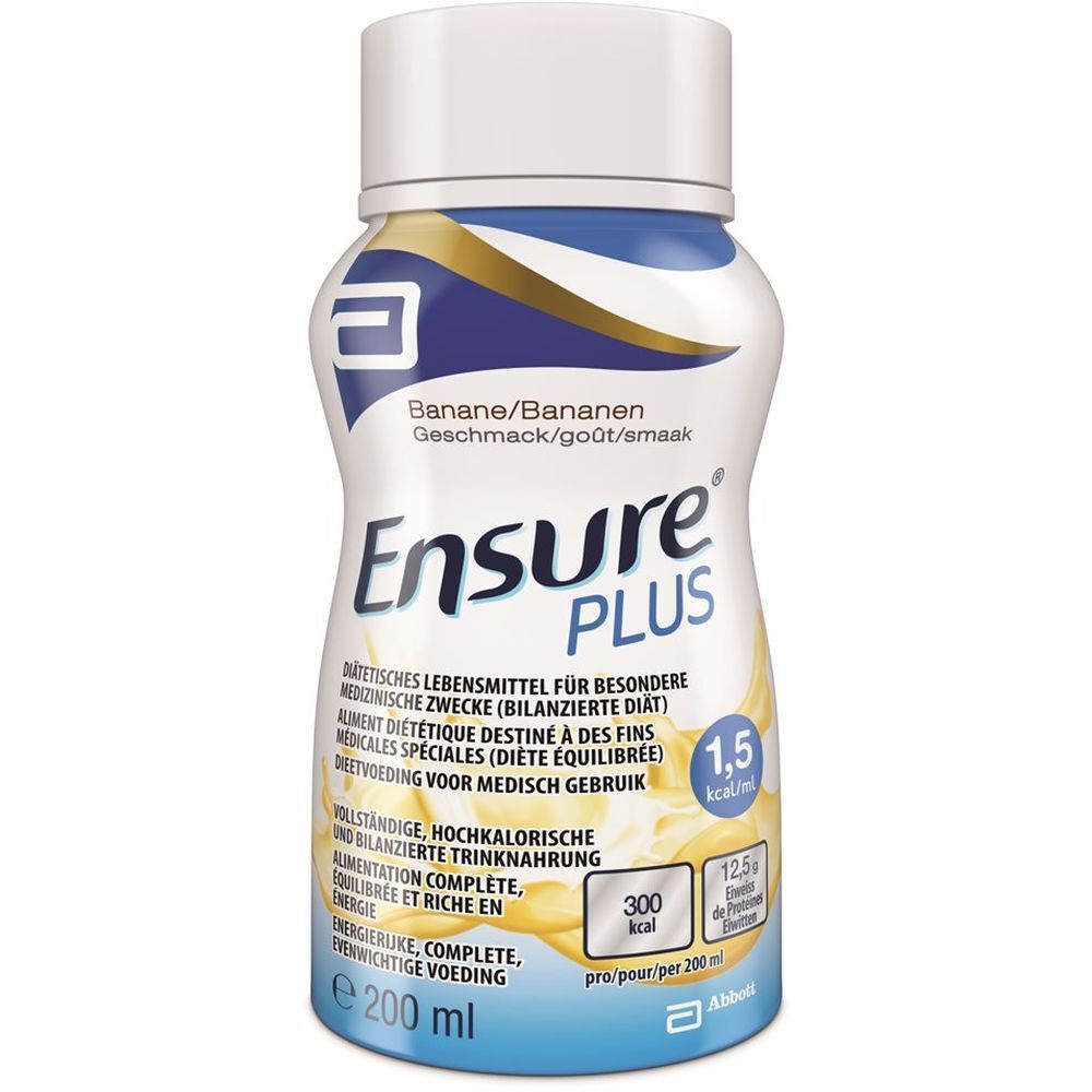 Bouteille Ensure Plus Banane. Emballage blanc et bleu. Inscription: Ensure Plus, Banane, 1,5 kcal/ml, 200 ml.