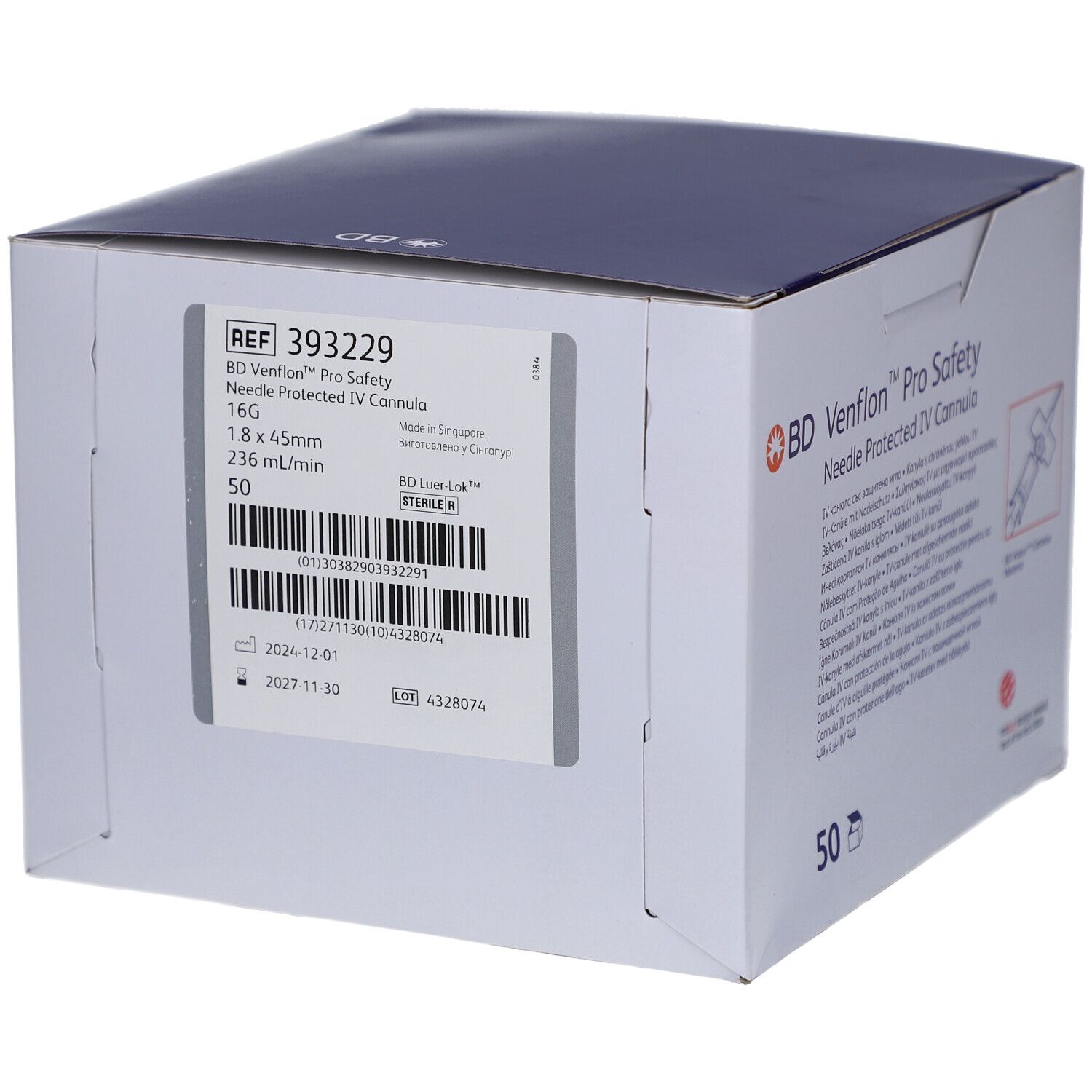 Karton mit Produktinformationen. Aufschrift: BD Venflon Pro Safety, 16G, 1,8 x 45 mm, grau. Enthält 50 Stück. Mit Barcode und Verfallsdatum.