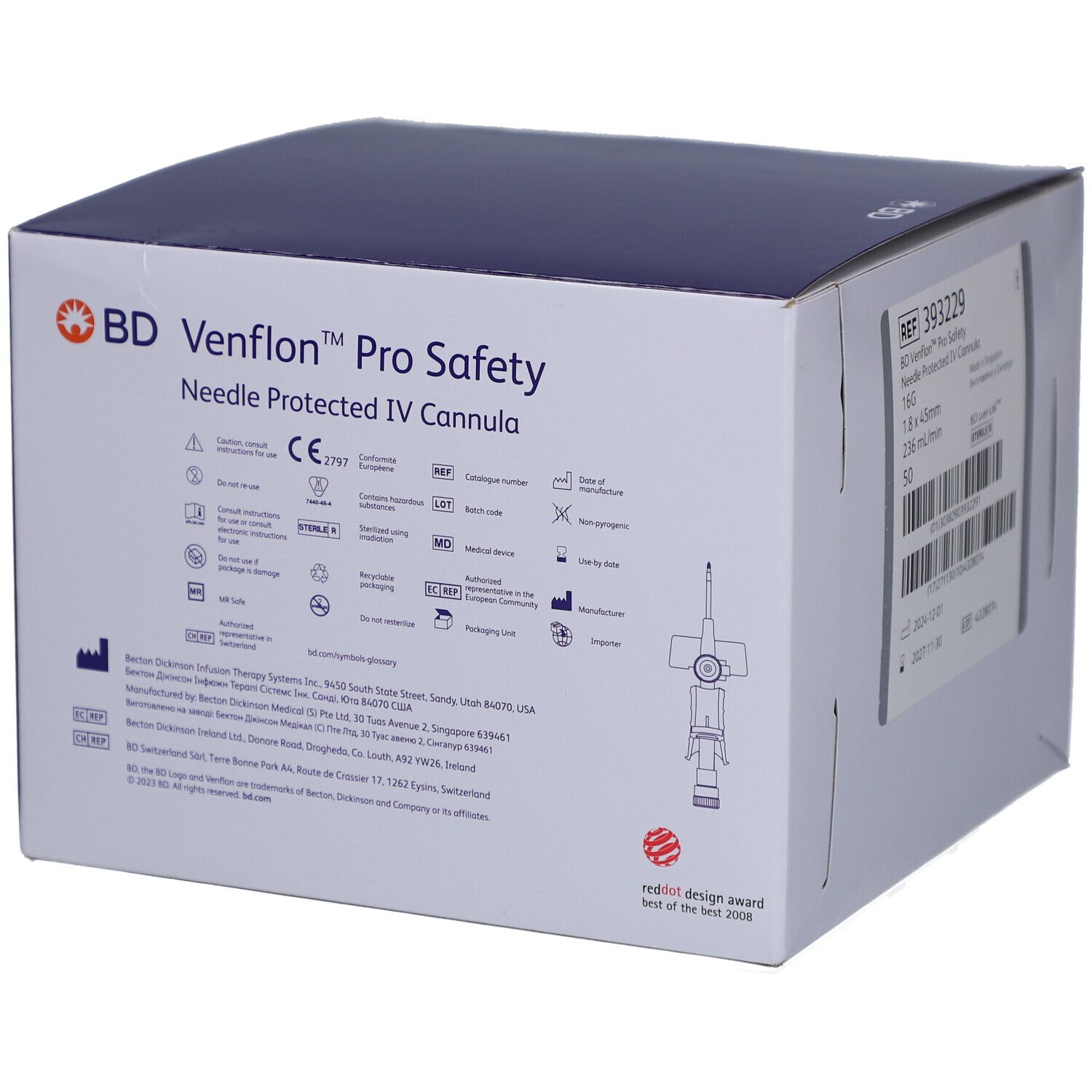 Karton mit Produktinformationen. Aufschrift: BD Venflon Pro Safety, Nadelgeschützte IV-Kanüle. Mit CE-Kennzeichnung und Red Dot Design Award.