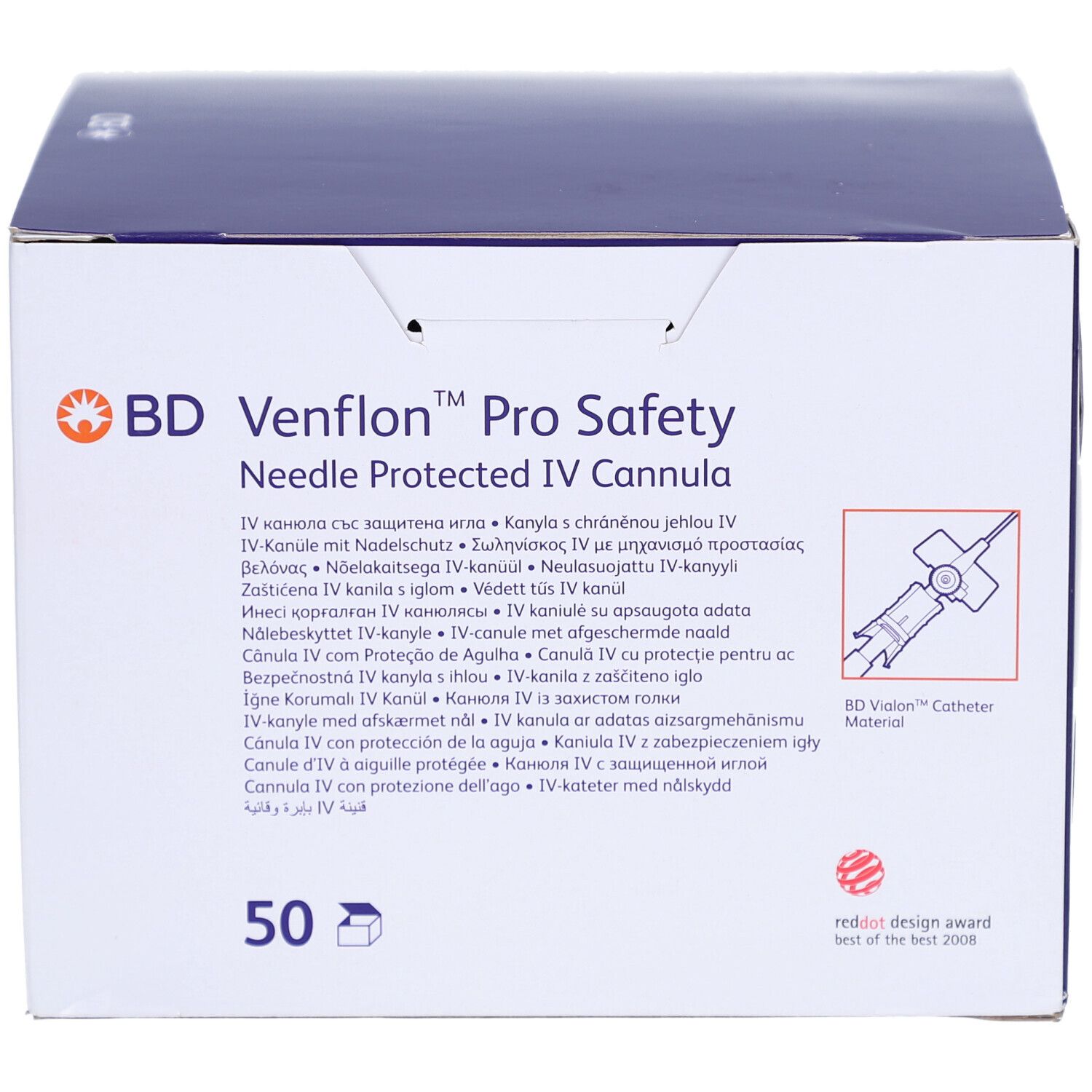 Karton mit Produktinformationen. Aufschrift: BD Venflon Pro Safety, Nadelgeschützte IV-Kanüle. Enthält 50 Stück. Mit Red Dot Design Award.
