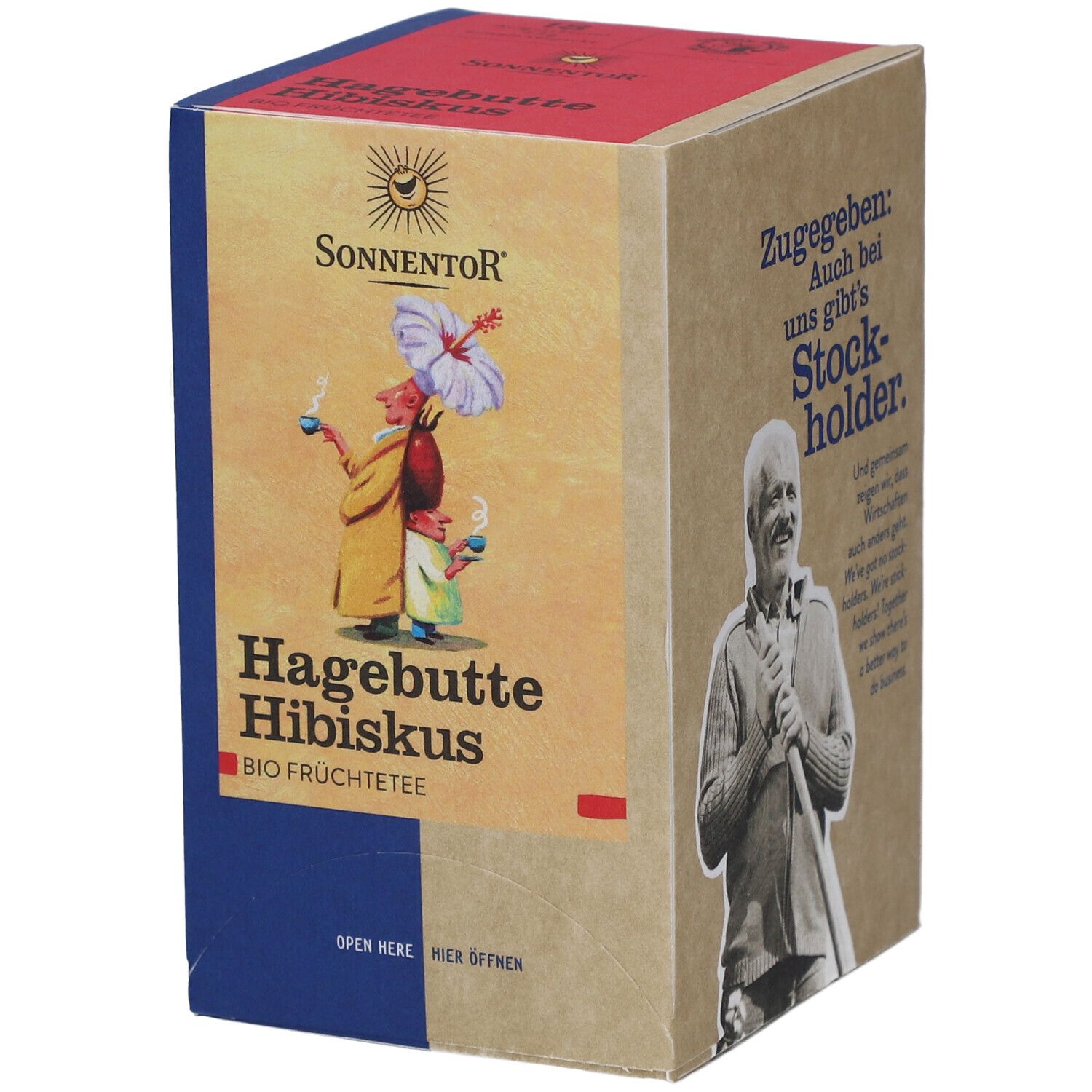 Boîte SONNENTOR Hagebutte Hibiscus. Illustration d'un homme et enfant. Texte: BIO Früchtetee. Logo: Soleil.