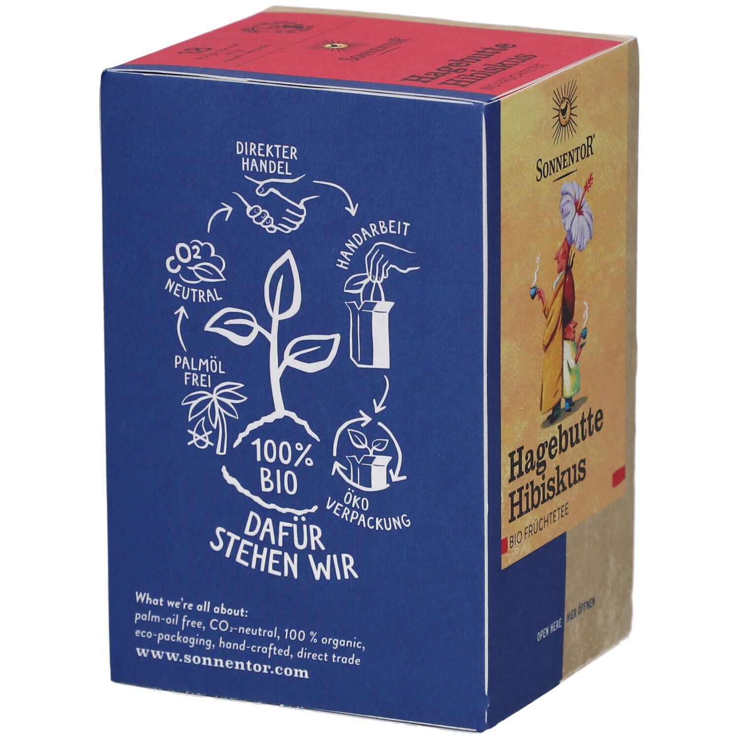 Côté bleu de l'emballage SONNENTOR Hagebutte Hibiscus. Texte: 100% BIO, ÖKO VERPACKUNG, sans huile de palme.