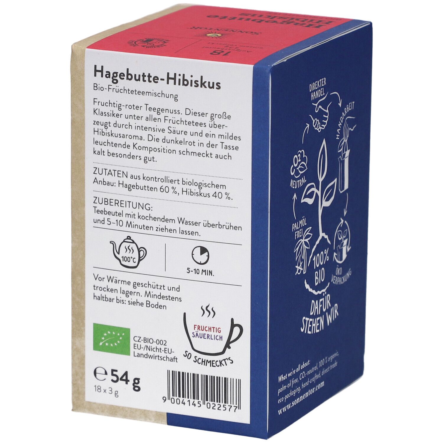 Dos de l'emballage SONNENTOR Hagebutte Hibiscus. Texte: Ingrédients, préparation, 54g, 18x3g, label bio.