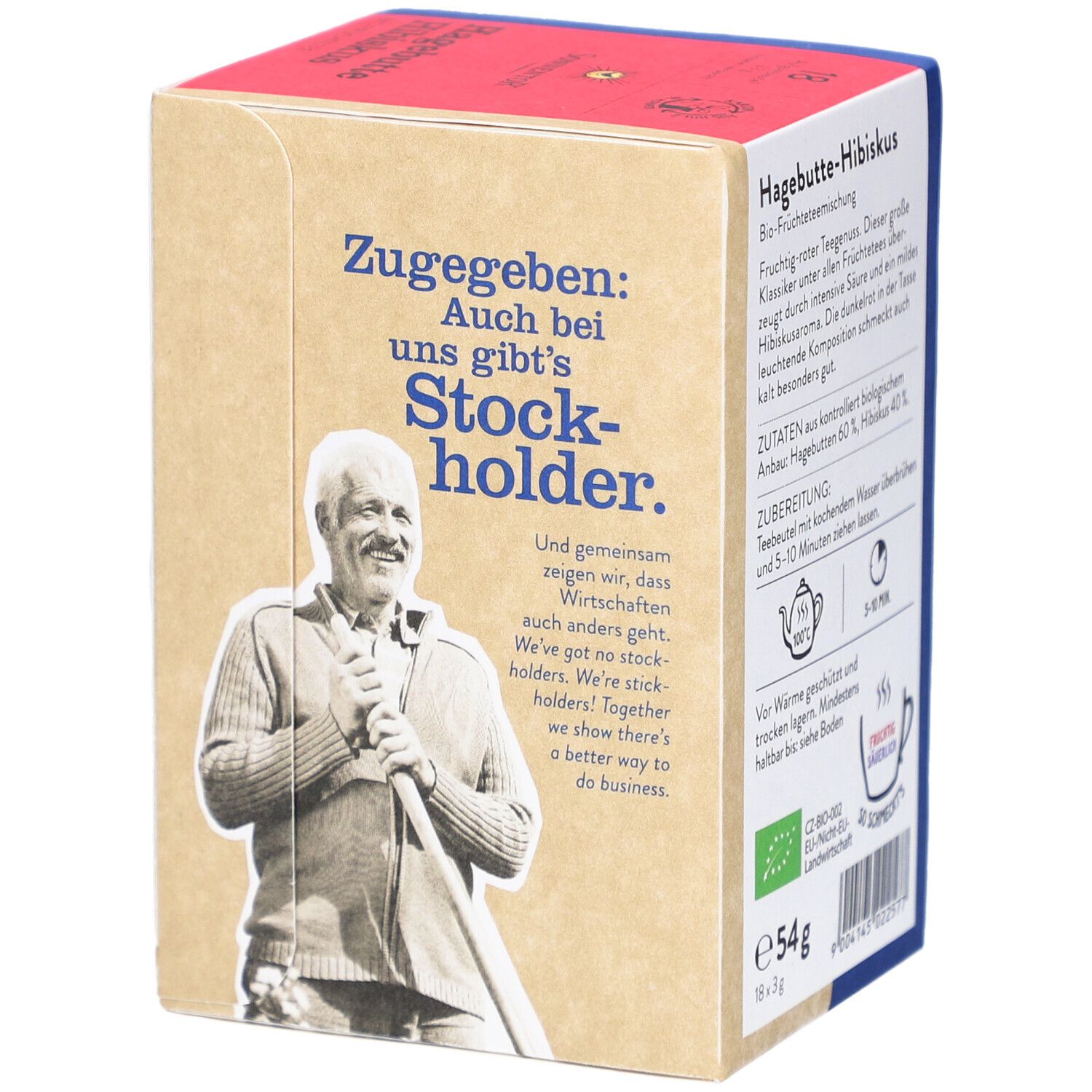 Côté de l'emballage SONNENTOR Hagebutte Hibiscus. Texte: Citations, homme avec bâton. Texte: 54g, label bio.