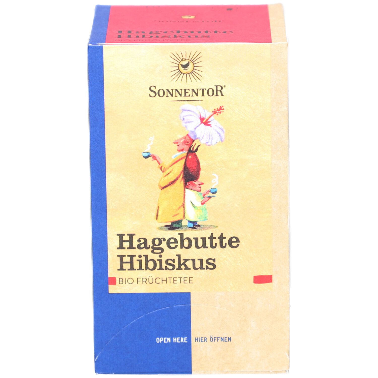 Emballage SONNENTOR Hagebutte Hibiscus. Illustration: homme et enfant. Texte: BIO Früchtetee. Logo: Soleil.