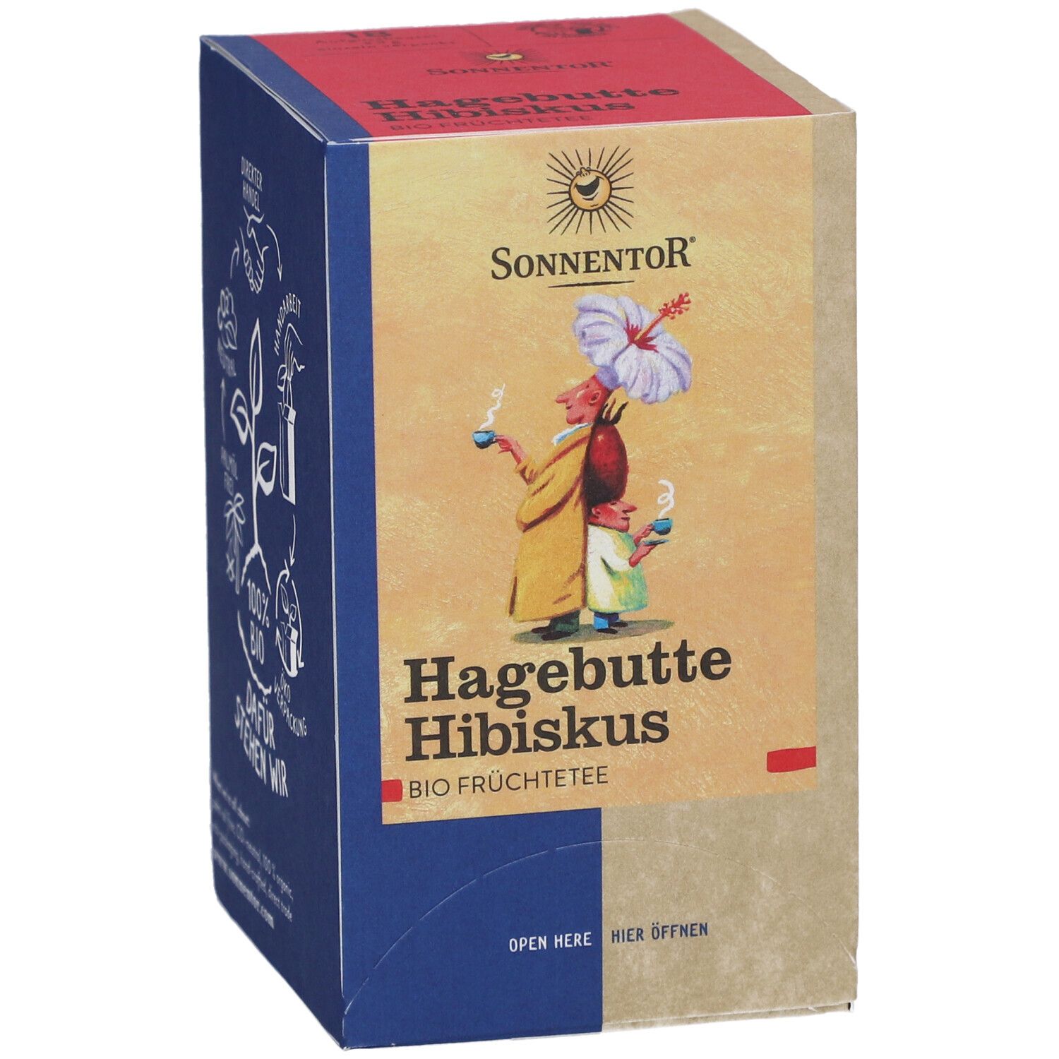 Emballage SONNENTOR Hagebutte Hibiscus. Illustration: homme et enfant. Texte: BIO Früchtetee. Logo: Soleil.