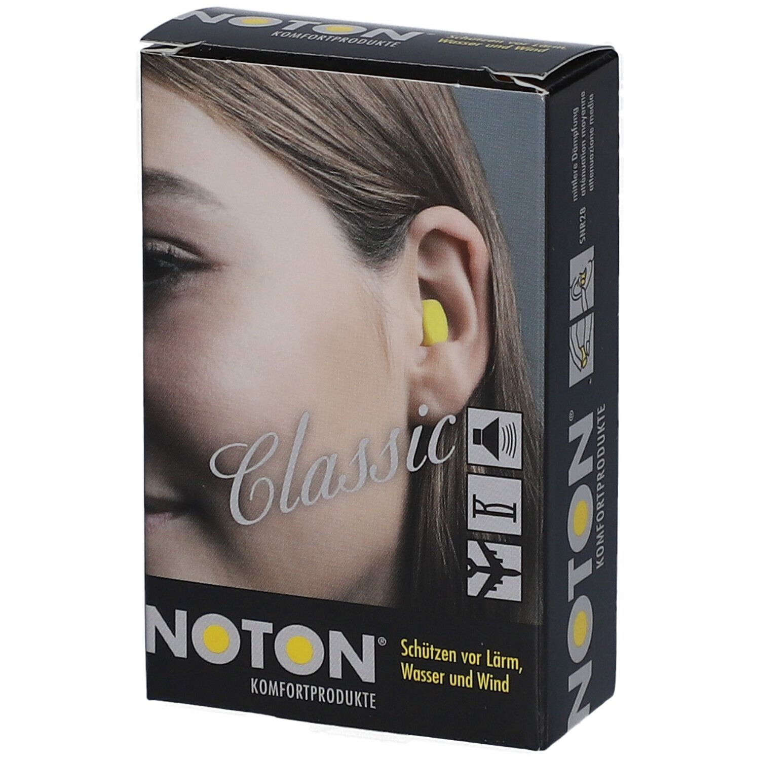 Boîte avec bouchons d'oreille jaunes. Inscription: NOTON, Classic, Komfortprodukte. Femme avec bouchon d'oreille.
