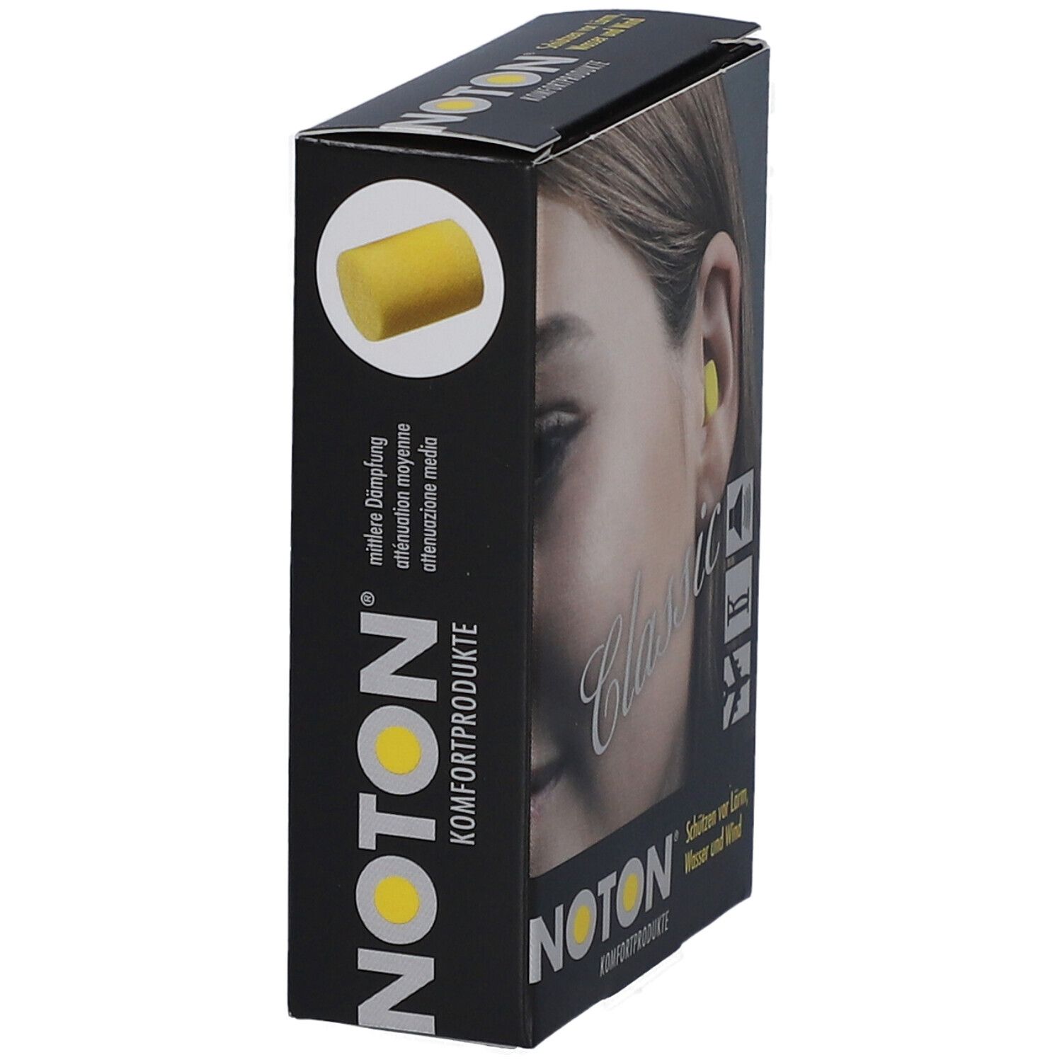 Boîte avec symbole de bouchon d'oreille jaune. Inscription: NOTON, Komfortprodukte. Femme avec bouchon d'oreille.