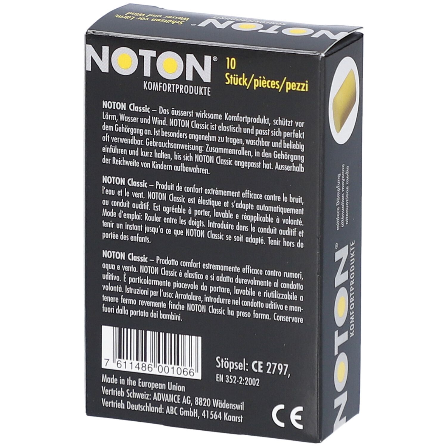 Boîte avec texte. Inscription: NOTON, Komfortprodukte, 10 pièces. Marque CE. Texte en allemand, français et italien.