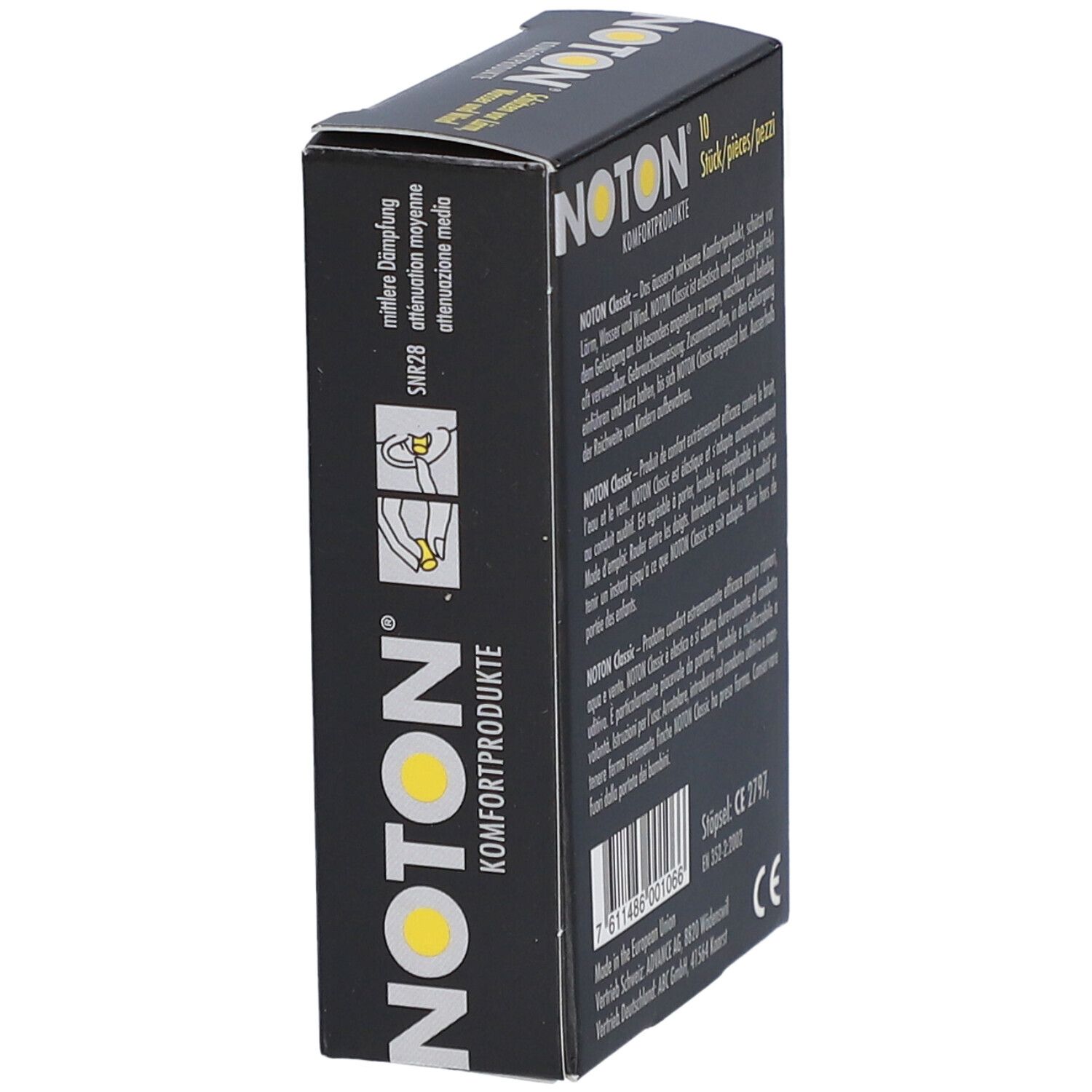 Boîte avec texte et symbole de bouchon d'oreille jaune. Inscription: NOTON, Komfortprodukte, SNR28. Marque CE.